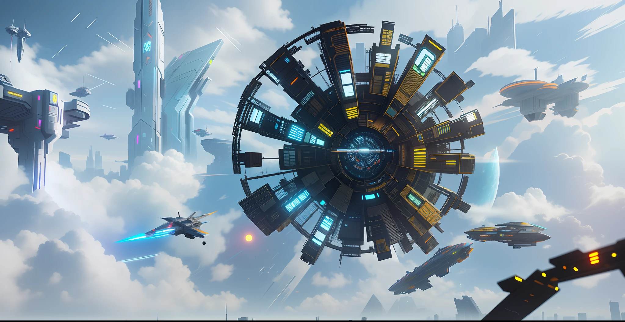 Scene concept design, cyberpunk, spaceship