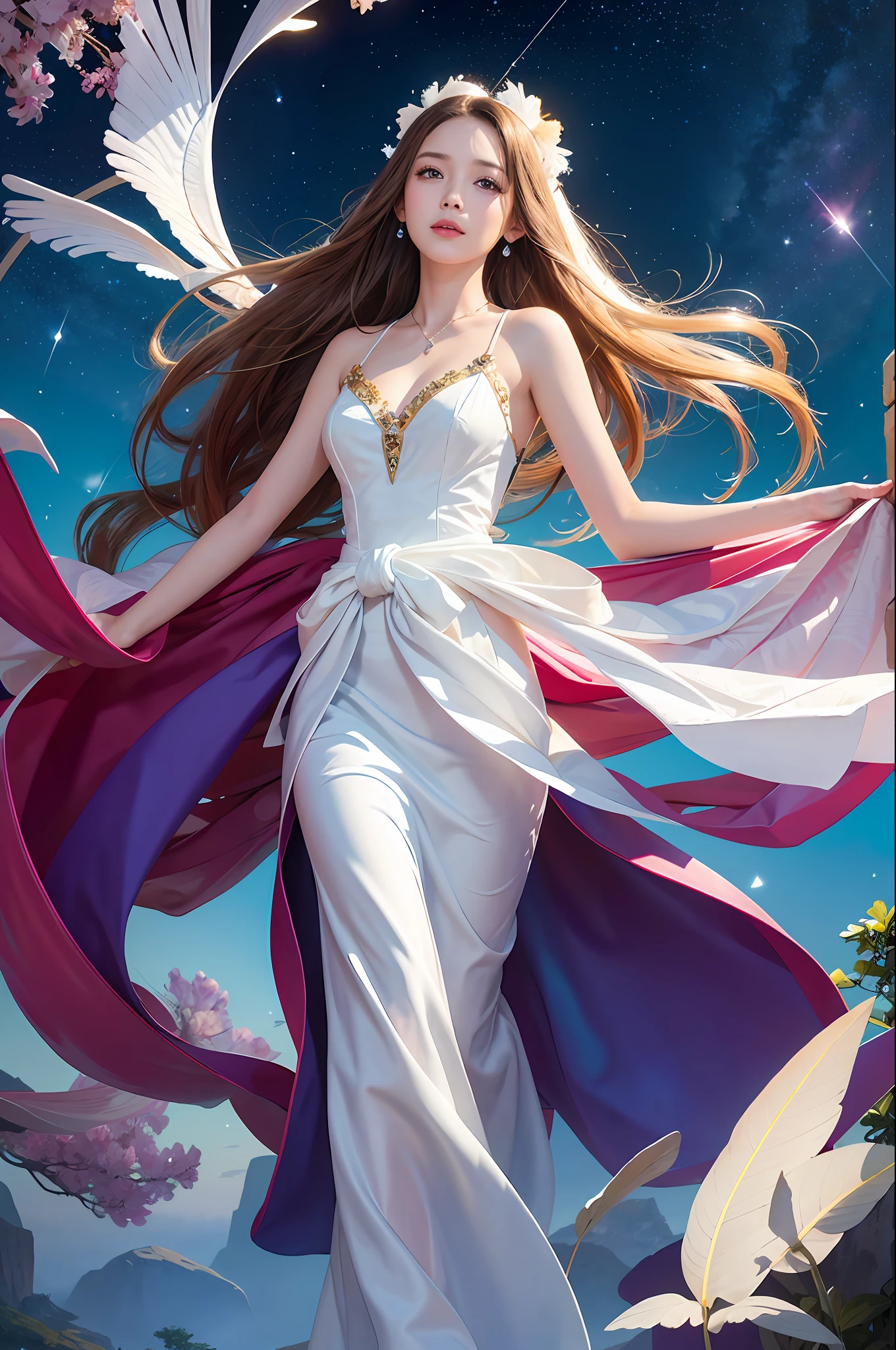 (Masterpiece, top quality, best quality, extreme detail, highest detail, official art, Beauty and Aesthetics: 1.2), Colorful, Denim Shot, Upper Body Shot, Beautiful Face, Solo, Perfect Body, On Sky Clouds, Fairy, Flowing Streamers, Sun Rays, Clouds, Full Body, White Translucent Hanfu, Chinese Clothes, White Translucent Dress, Water, Fireflies, Night, Starry Sky, Jewelry, White Feathers on Dress, White Peacock Feathers, Light Particles, Volume Lighting, Ray Tracing (Flowing Streamers: 1.1), (Fantasy Novel: 1.2), Illuminator, Stars, Fantasy, High Contrast, Ink Strokes, Overexposure, Purple and Red Tone Impressions, Abstract , ((watercolor by John Berkey and Jeremy Man)) brush strokes,