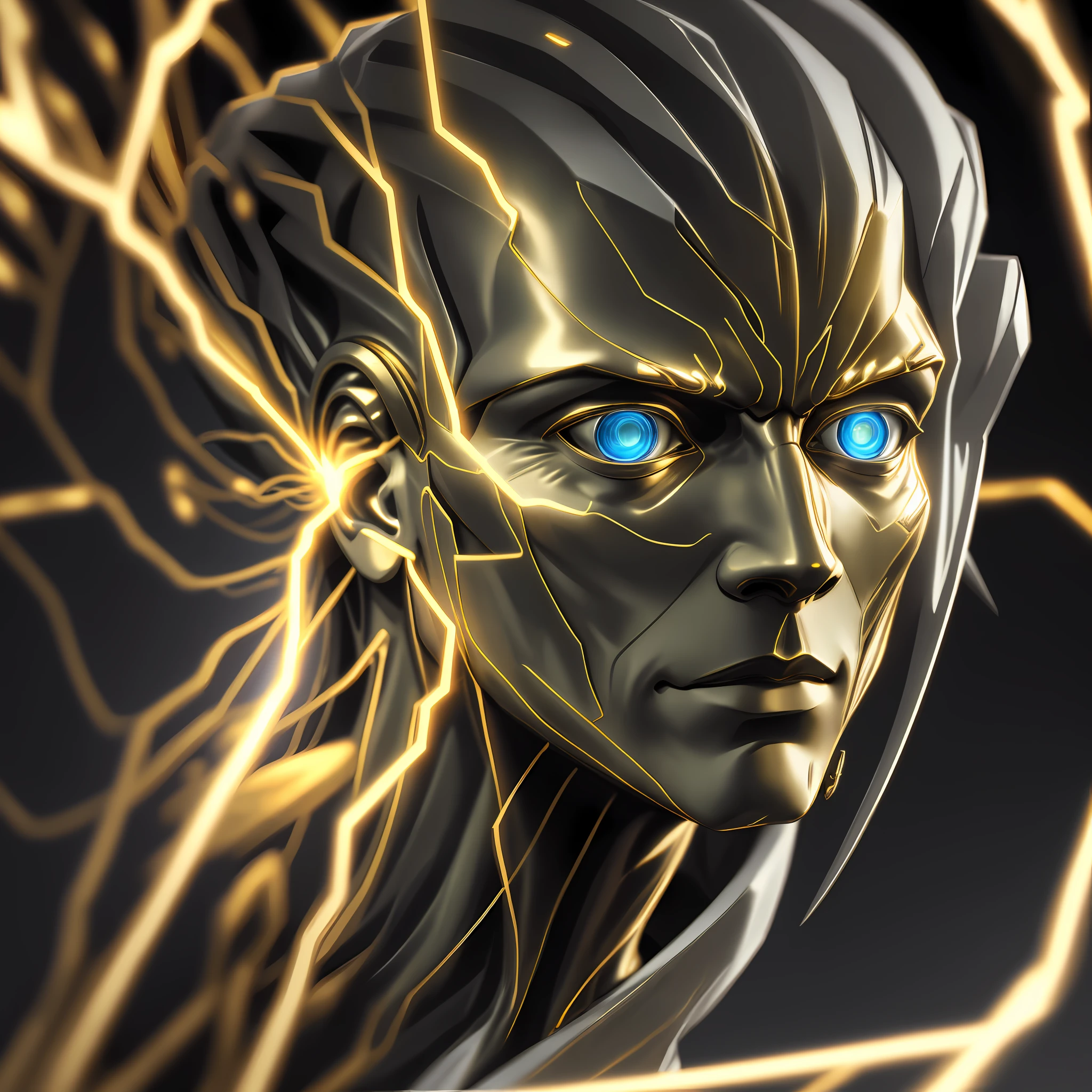 Man, Gold Flows Oil From Wires Cyborg Man | With Visible Detailed Brain | muscle wires | Biopunk | Cybernetic | Cyberpunk | white marble bust | Canon M50 | 100 mm | Sharp Focus | Smooth | Hyperrealism | Very detailed | Complex Details | carved by Michelangelo