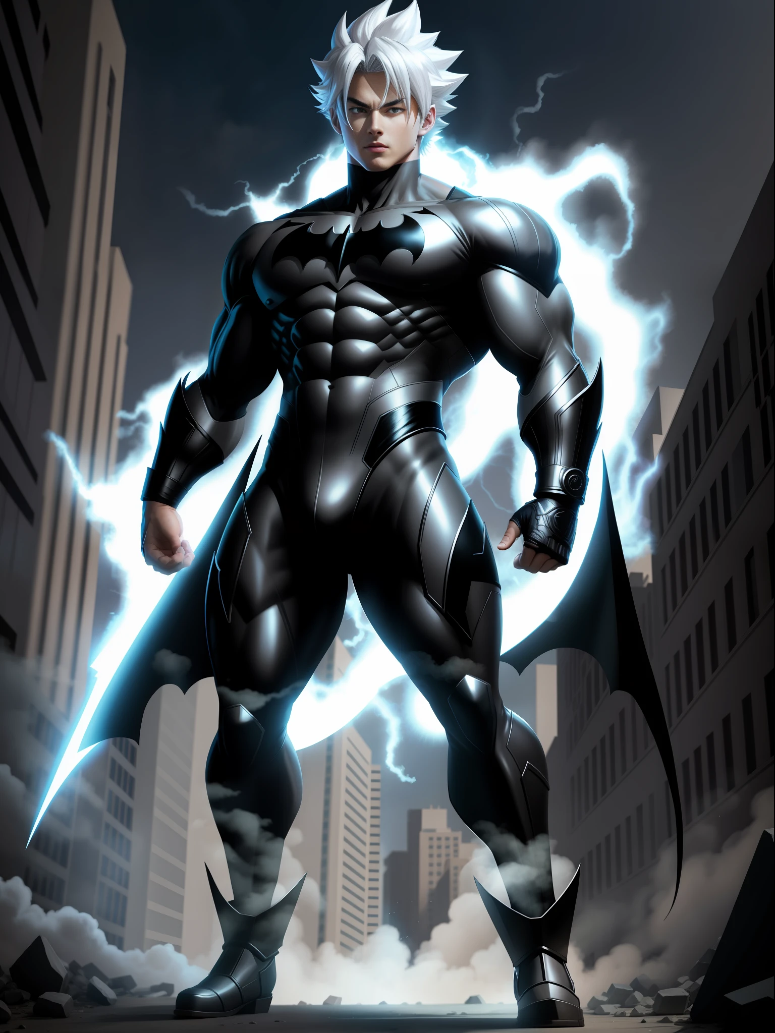 full body, Ultra Instinct Goku, with batman costume, magic aura furiously circulating around his body, luminous white hair, silver eyes, looking at the viewer, mouth closed, fighting stance, in a completely destroyed city, correct anatomy, anime, masterpiece, anatomically correct, UHD, 16k, high quality, high quality, best quality, high details, UHD