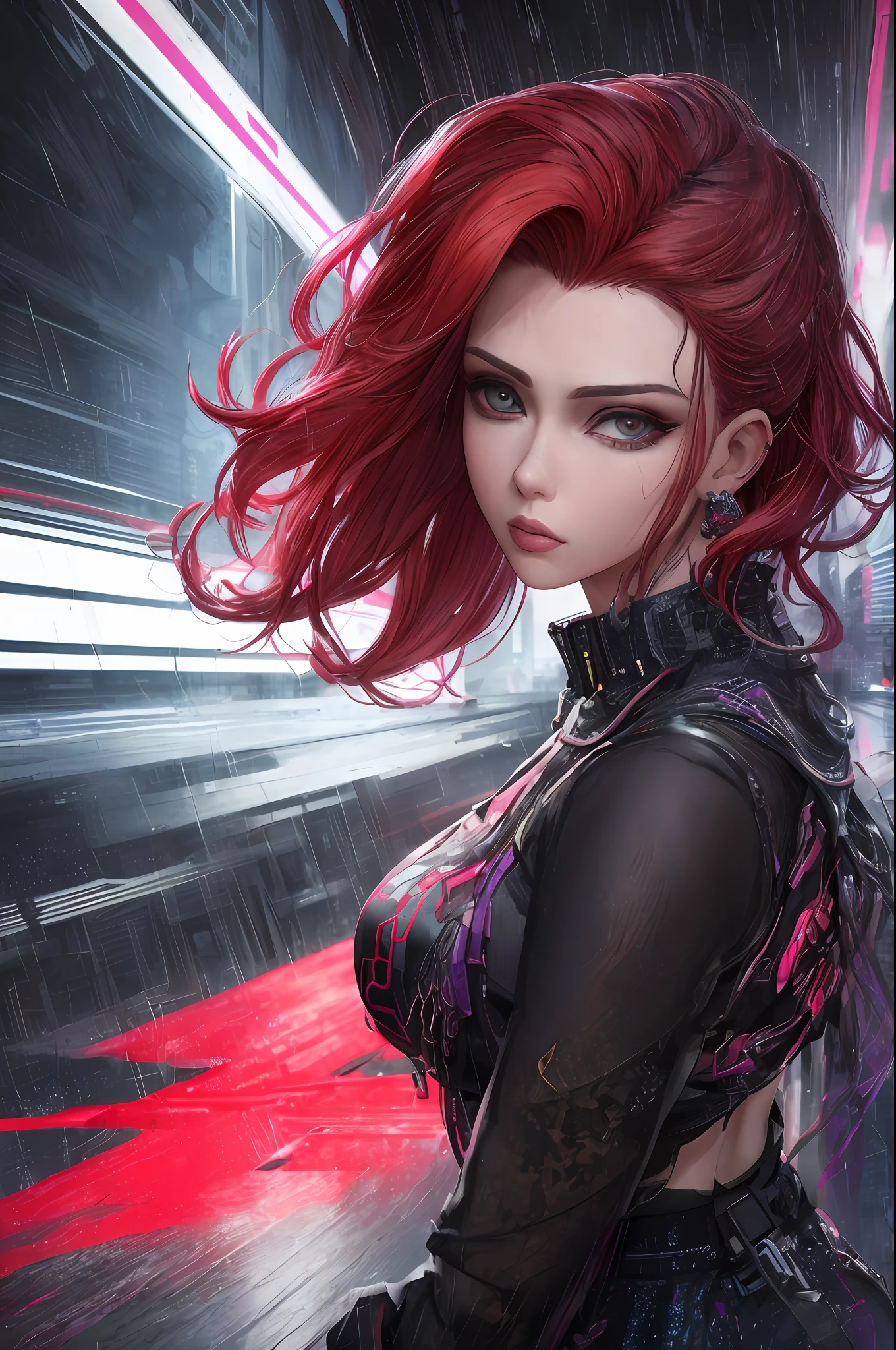 scarlett johansson best quality, masterpiece, cinematic, realistic, cyberpunk, cyberpunk city, neon, volumetric lighting, black sky, (raining, thunderstorm), 1girl, (cyberpunk clothes, sweatshirt, pants, punk clothes), (flowing red hair), water reflecting off the ground, from behind, ((hidden face)),