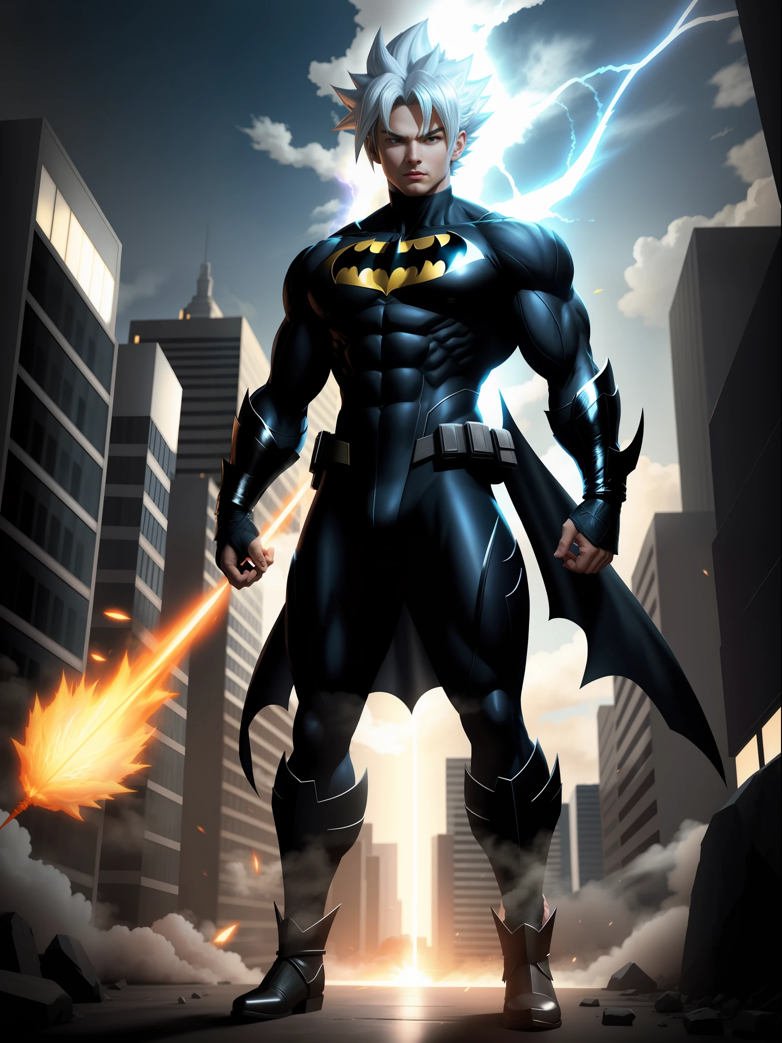 full body, Ultra Instinct Goku, with batman costume, magic aura furiously circulating around his body, luminous white hair, silver eyes, looking at the viewer, mouth closed, fighting stance, in a completely destroyed city, correct anatomy, anime, masterpiece, anatomically correct, UHD, 16k, high quality, high quality, best quality, high details, UHD