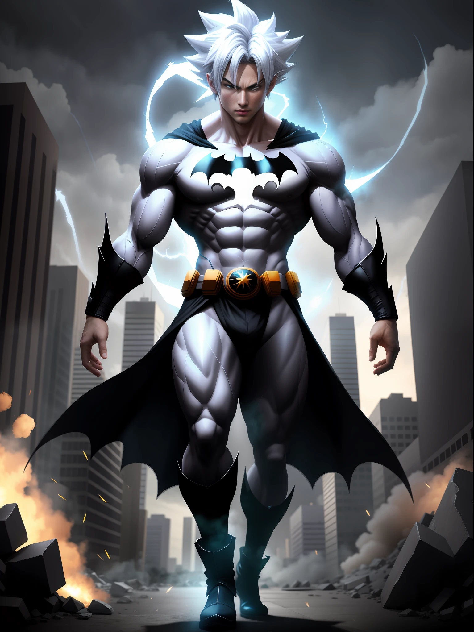 full body, Ultra Instinct Goku, with batman costume, magic aura furiously circulating around his body, luminous white hair, silver eyes, looking at the viewer, mouth closed, fighting stance, in a completely destroyed city, correct anatomy, anime, masterpiece, anatomically correct, UHD, 16k, high quality, high quality, best quality, high details, UHD