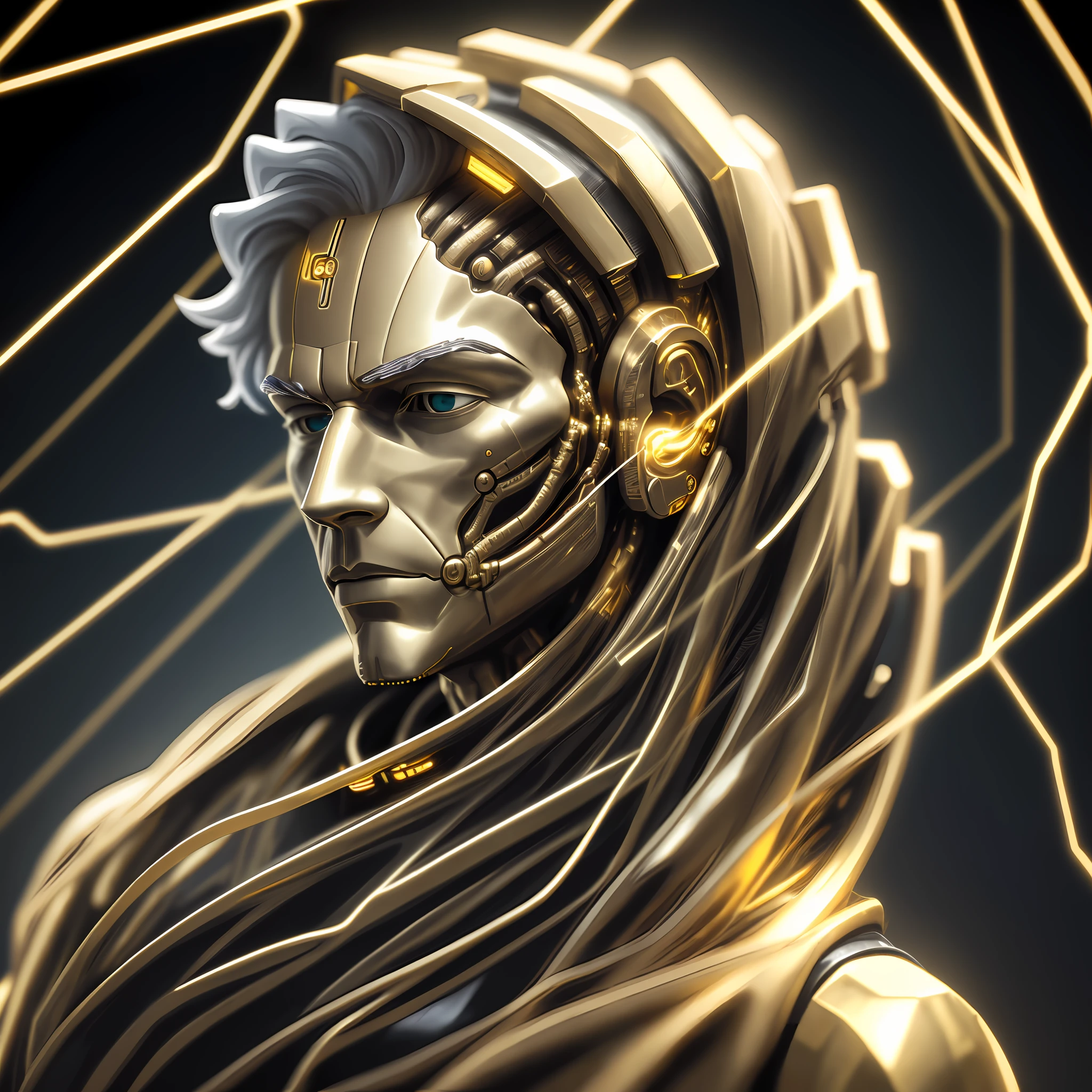 Man, Gold Flows Oil From Wires Cyborg Man | With Visible Detailed Brain | muscle wires | Biopunk | Cybernetic | Cyberpunk | white marble bust | Canon M50 | 100 mm | Sharp Focus | Smooth | Hyperrealism | Very detailed | Complex Details | carved by Michelangelo