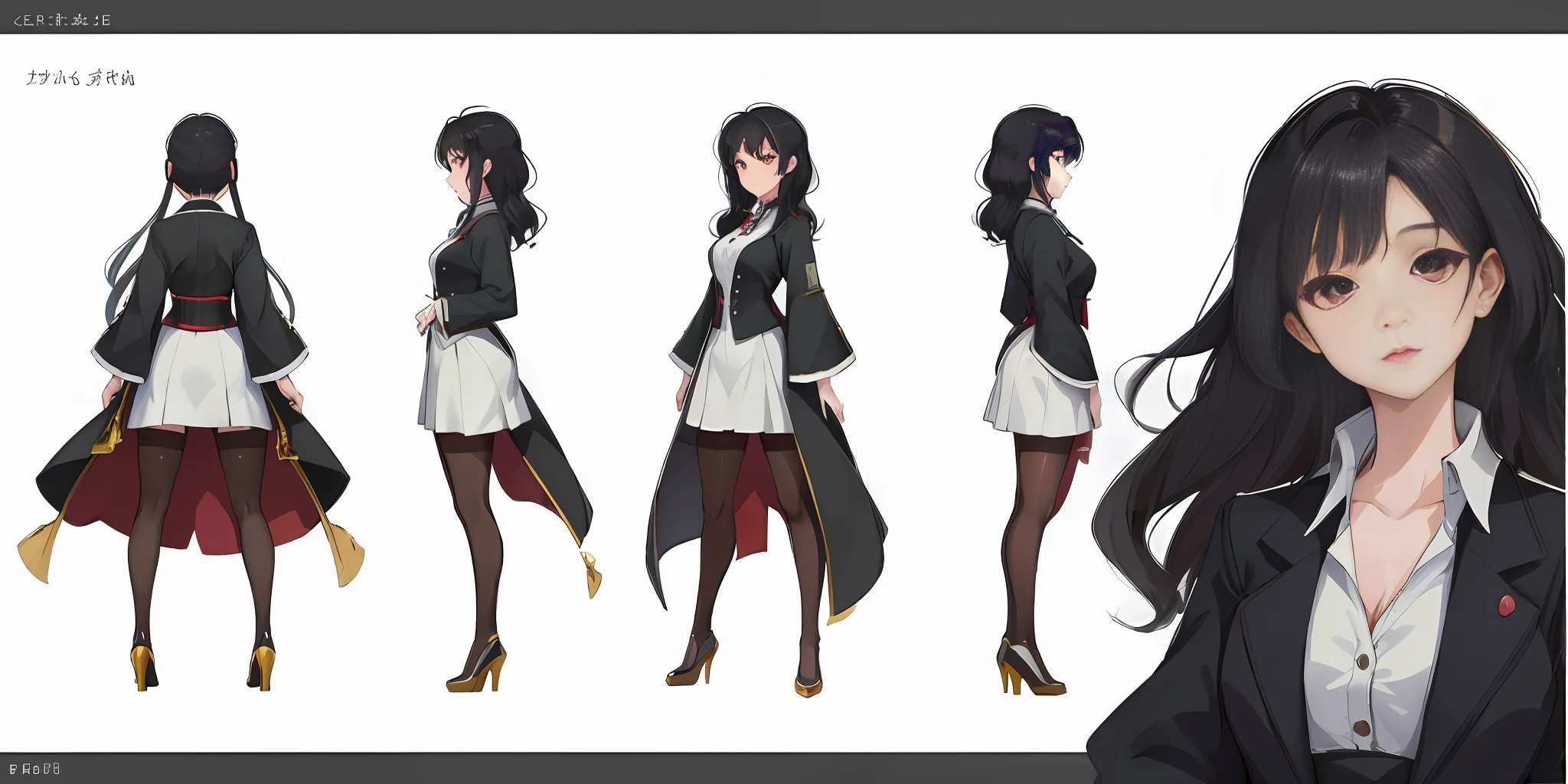 (Master quality, extremely high definition), Miyazaki Hayao painting style, solo (solo), characters in front of simple white background, multiple views (multiple views), full body photo, 25-year-old Asian woman (charturn-betalora), black wavy hair (hair: 1.2), black dress, white suit embellished on the body, black stockings and high heels set off the sensuality and maturity of women.