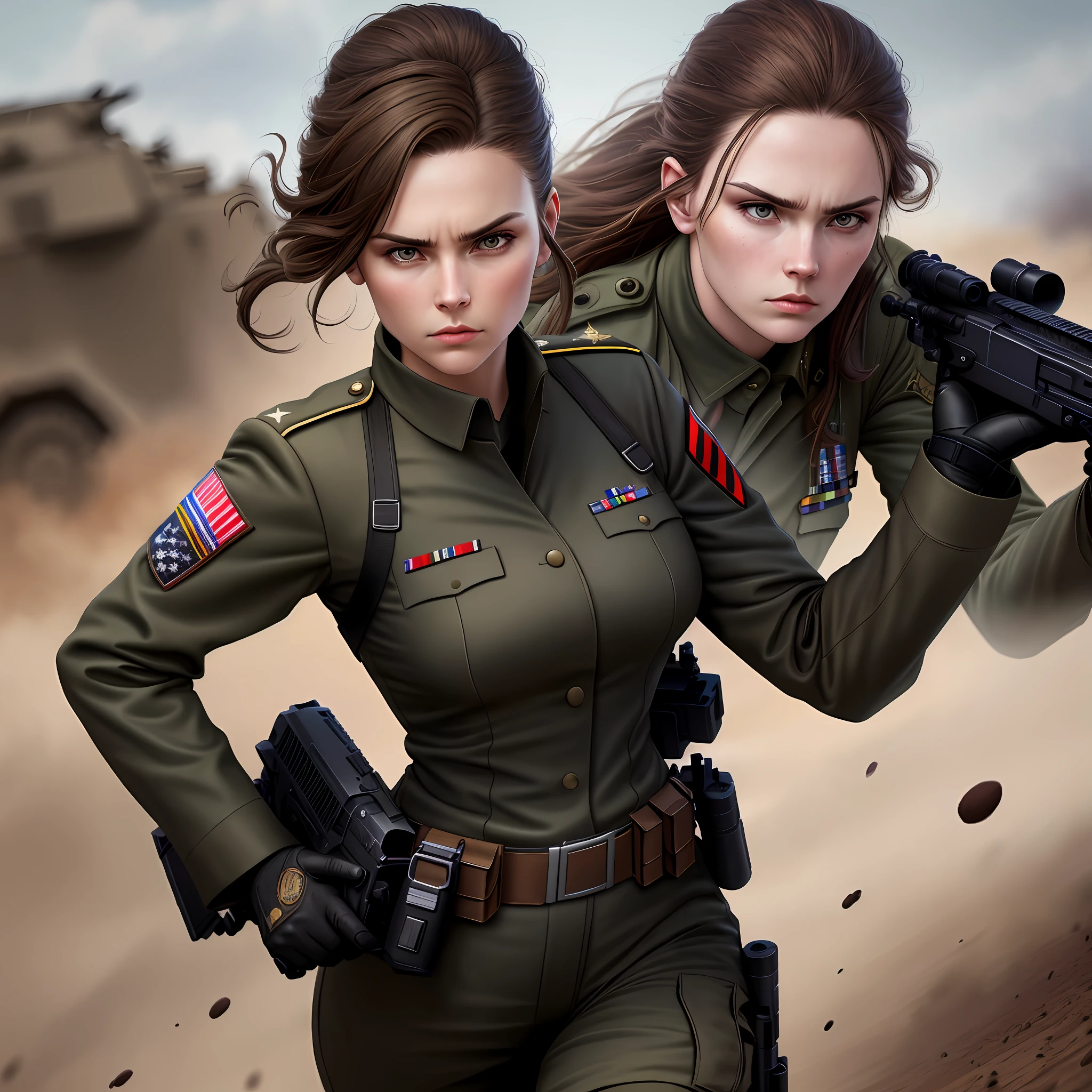 Military woman, black military outfit, holding a gun, serious face, brown hair, penetrating look, best quality, many details, 4K full hd, hyper-realism, realistic, harmonic, natural, photographic background