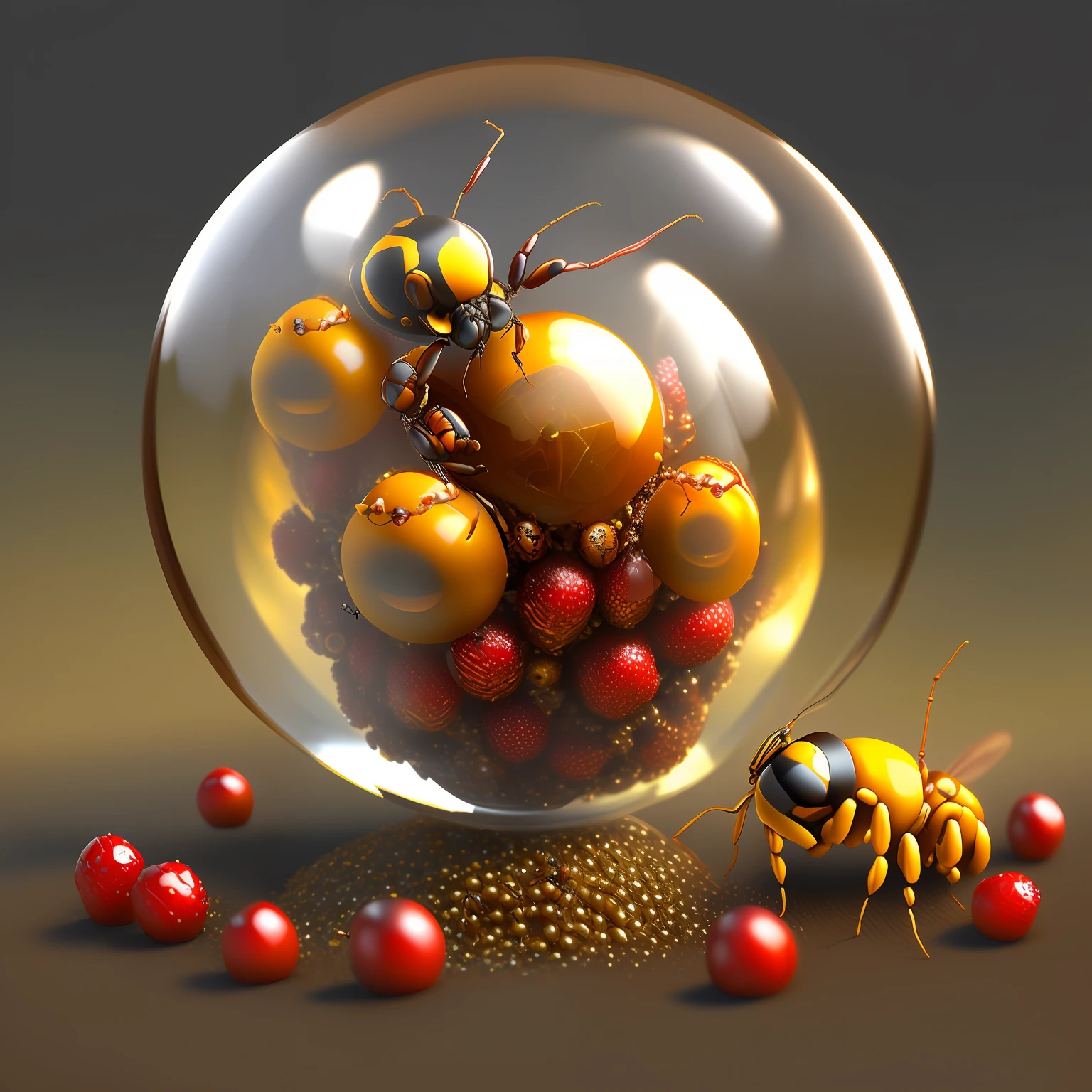 glass sphere anthill, yellow wasp, red stawberry, ants on ground, game design, high resolution, fantasy 3D-imagine-imagine