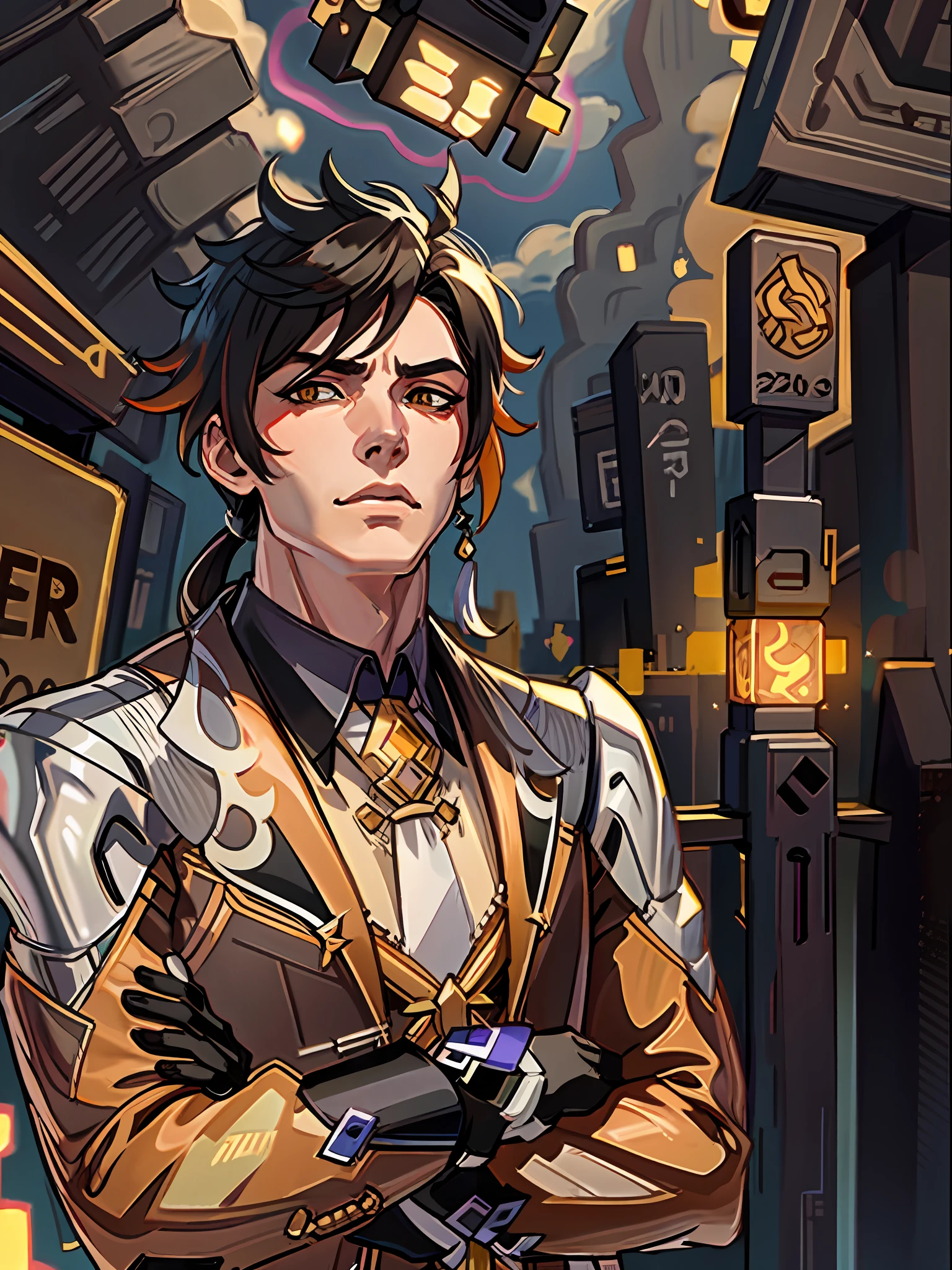 masterpiece, best quality, zhongli (genshin impact), male focus, jewelry, long hair, 1boy, solo, earrings, bangs, gloves, ponytail, black gloves, multicolored hair, brown hair, detailed hair, hair between eyes ,simple background, single earring, thumb ring, jacket, tassel earrings, long sleeves, arms crossed, alpha pose, tassel, cloud, formal, yellow eyes, detailed eyes, floating object, gradient hair, suit, black hair, cloudy sky,(kbxll:0.6)