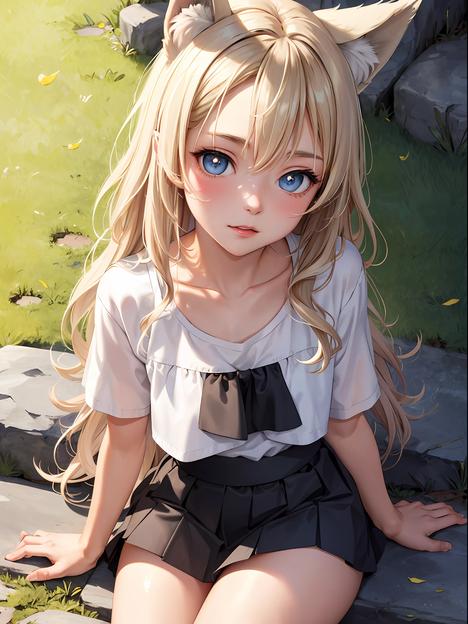 masterpiece, best quality, wolf girl, elegant, 1girl, wolf ears, wolf tail, cute, blushed, looking at viewer, from above, blonde wavy hair, mini skirt, white and black striped T-shirt, blue eyes, beautiful eyes, beautiful background, light particles, sun rays, dramatic lighting, outside, shiny, realistic, masterpiece, best quality, ultra-detailed, detailed, scenery, beautiful detailed eyes, detailed hair