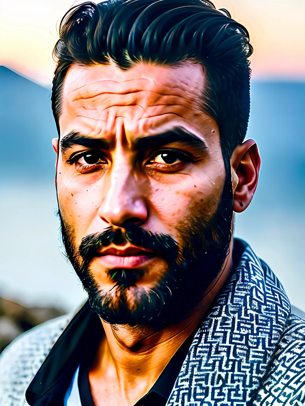 world press photo winner, (award-winning photography:1.3), (modern Arabic man, insanely handsome face, mature man, Arabic skin tone, typical Arabic male features:1.4), short messy hair, (very sharp photo:1.1), (8k, RAW photo, best quality:1.3), (realistic, photo-realistic, masculine, modern clothes:1.1), Craggy mountain range, rocky terrain, dramatic peaks, cold, challenging, inspiring, Portait of a (insanely handsome typical modern Greek man outdoors:1.5), analog style (look at viewer:1.2) (skin texture) (film grain:1.3), (warm hue, warm tone:1.2), close up, cinematic light, sidelighting, ultra high res, best shadow, RAW, upper body, wearing pullover, Microgeometry, skin elasticity, light scattering through hair, ambient occlusion, multi-layer skin shading, facial muscle simulation, iris and pupil rendering, advanced color grading