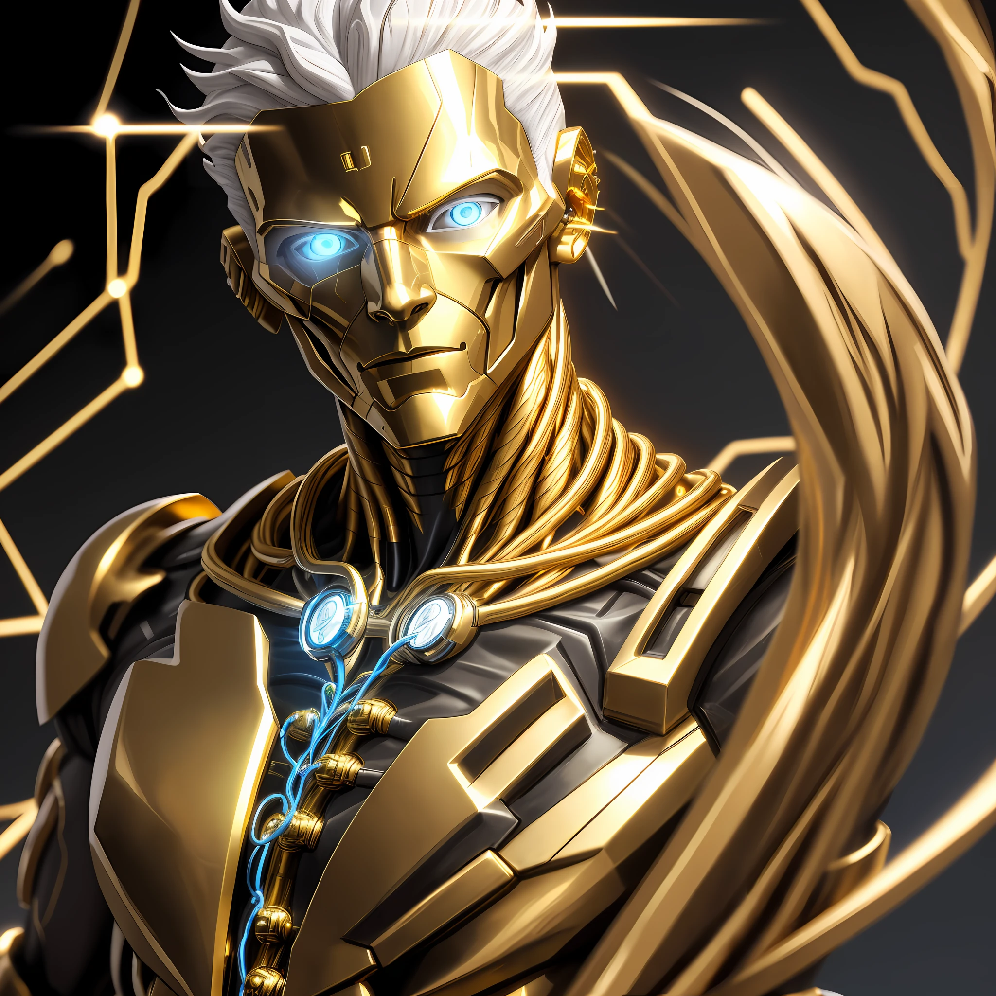 Man, Gold Flows Oil From Wires Cyborg Man | With Visible Detailed Brain | muscle wires | Biopunk | Cybernetic | Cyberpunk | white marble bust | Canon M50 | 100 mm | Sharp Focus | Smooth | Hyperrealism | Very detailed | Complex Details | carved by Michelangelo