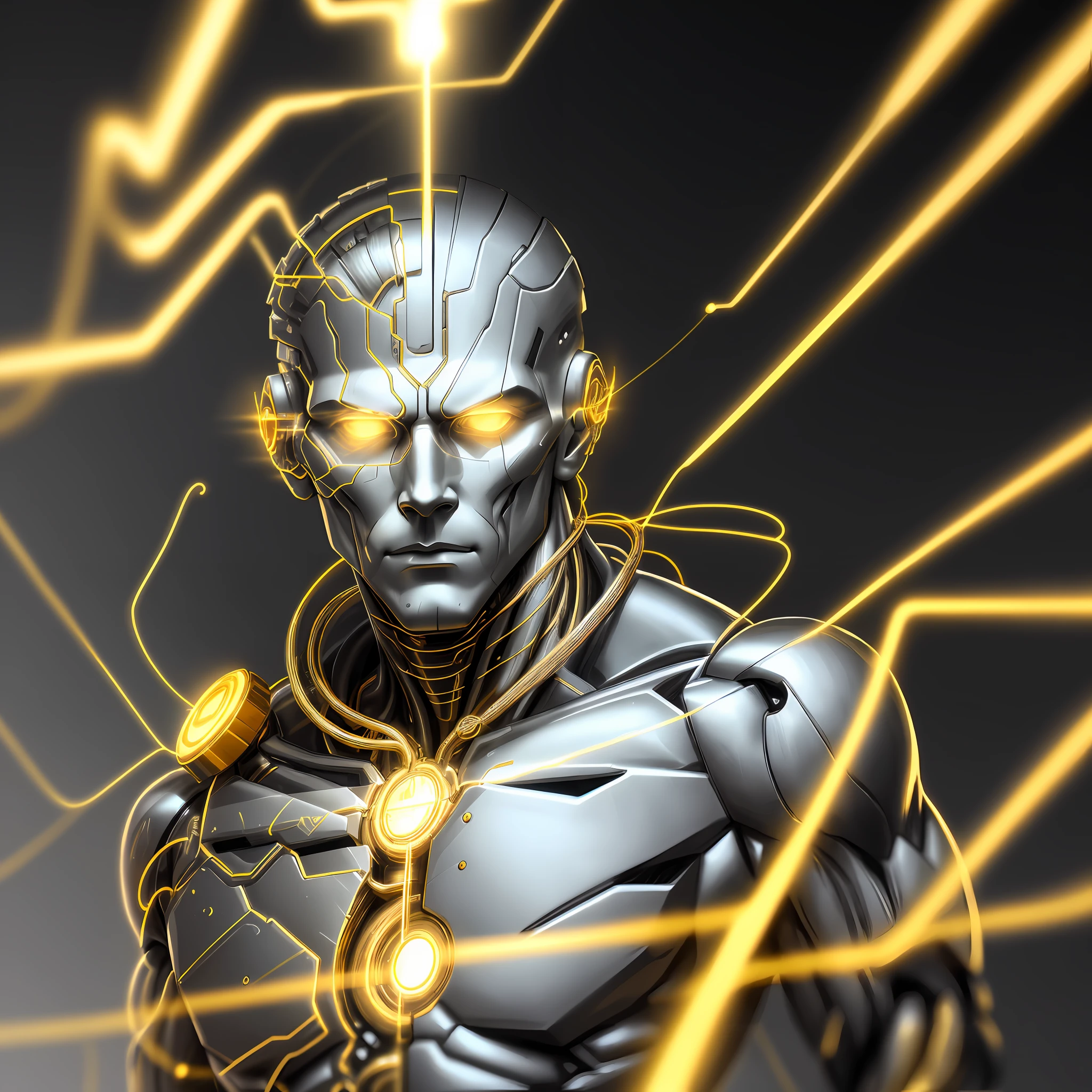 Man, Gold Flows Oil From Wires Cyborg Man | With Visible Detailed Brain | muscle wires | Biopunk | Cybernetic | Cyberpunk | white marble bust | Canon M50 | 100 mm | Sharp Focus | Smooth | Hyperrealism | Very detailed | Complex Details | carved by Michelangelo