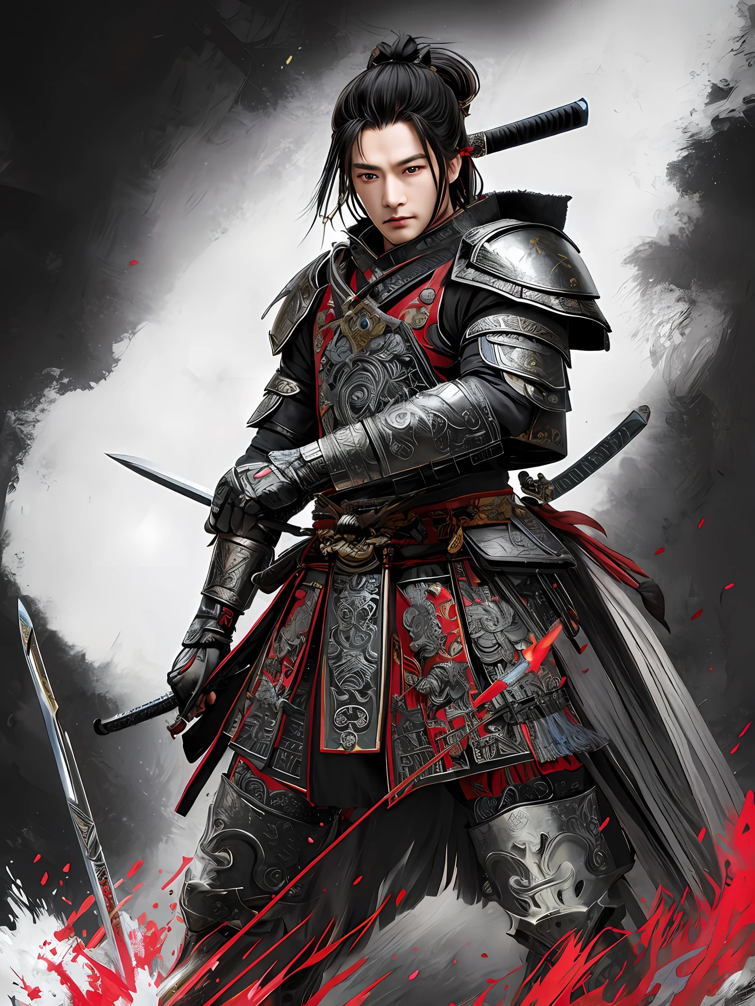 arafed image of a man in armor holding two swords, chinese warrior, full body wuxia, g liulian art style, fantasy warrior, picture of an adult male warrior, by Yang J, female samurai, wuxia, inspired by Zhang Wo, swordsman, zhao yun, jin shan, feng shu, inspired by Fan Kuan, design t shirt,