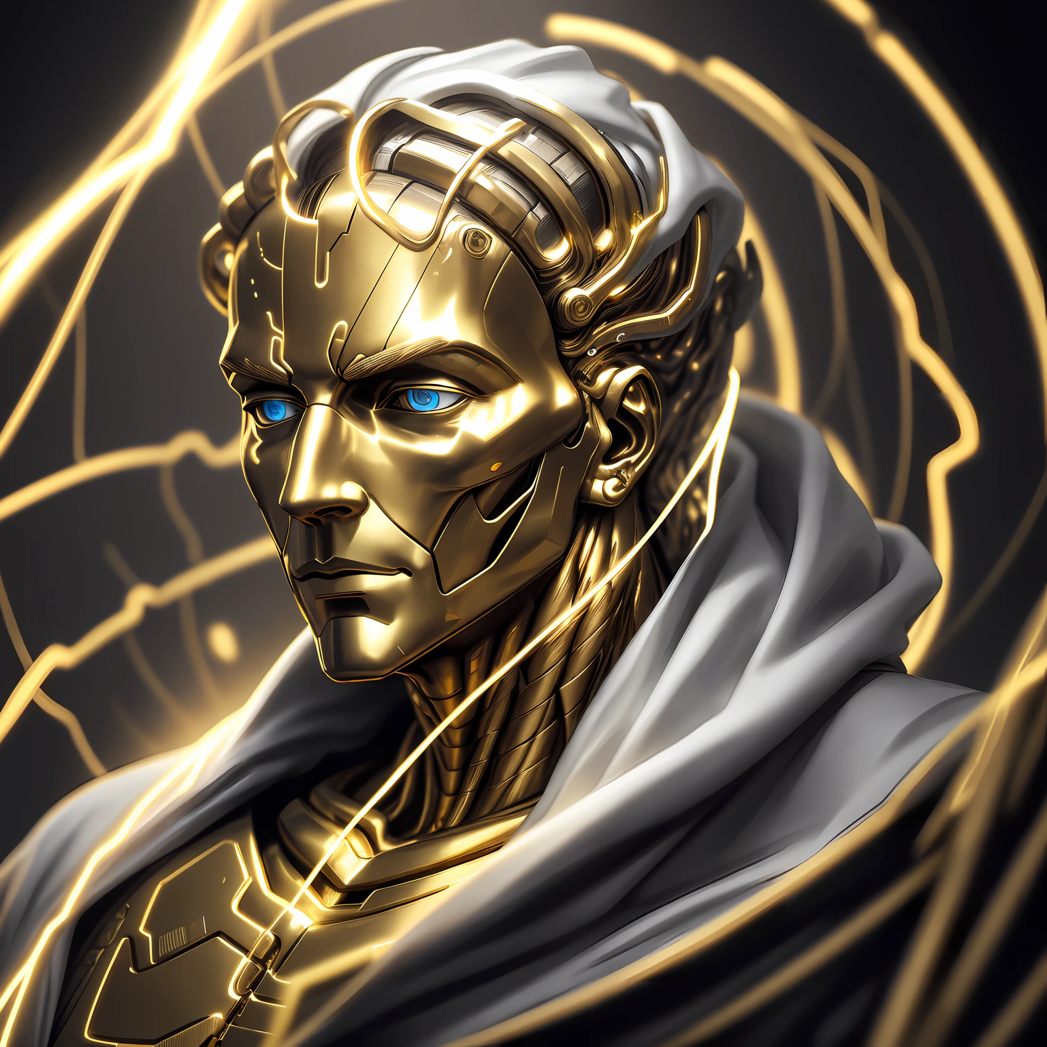 Man, Gold Flows Oil From Wires Cyborg Man | With Visible Detailed Brain | muscle wires | Biopunk | Cybernetic | Cyberpunk | white marble bust | Canon M50 | 100 mm | Sharp Focus | Smooth | Hyperrealism | Very detailed | Complex Details | carved by Michelangelo