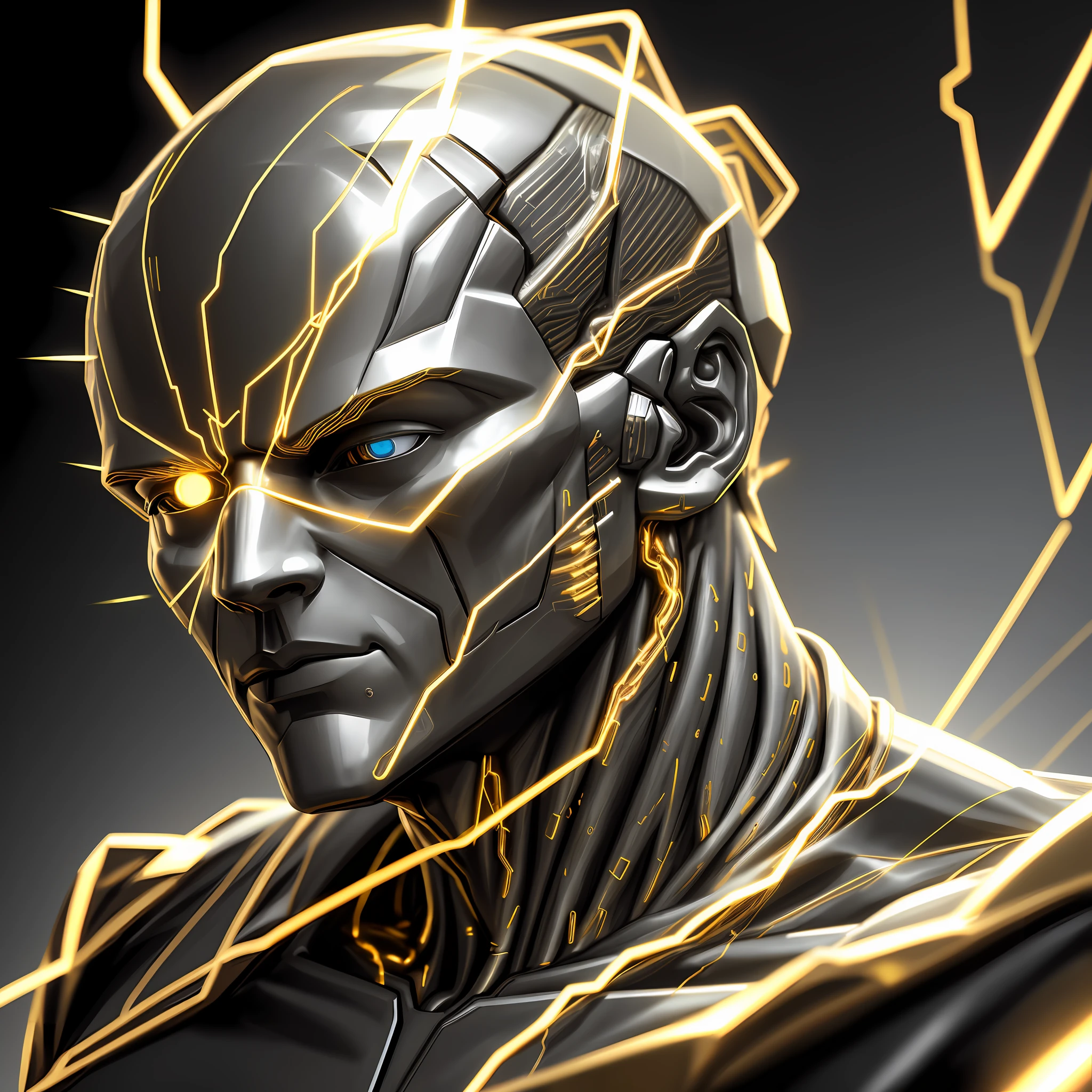 Man, Gold Flows Oil From Wires Cyborg Man | With Visible Detailed Brain | muscle wires | Biopunk | Cybernetic | Cyberpunk | white marble bust | Canon M50 | 100 mm | Sharp Focus | Smooth | Hyperrealism | Very detailed | Complex Details | carved by Michelangelo
