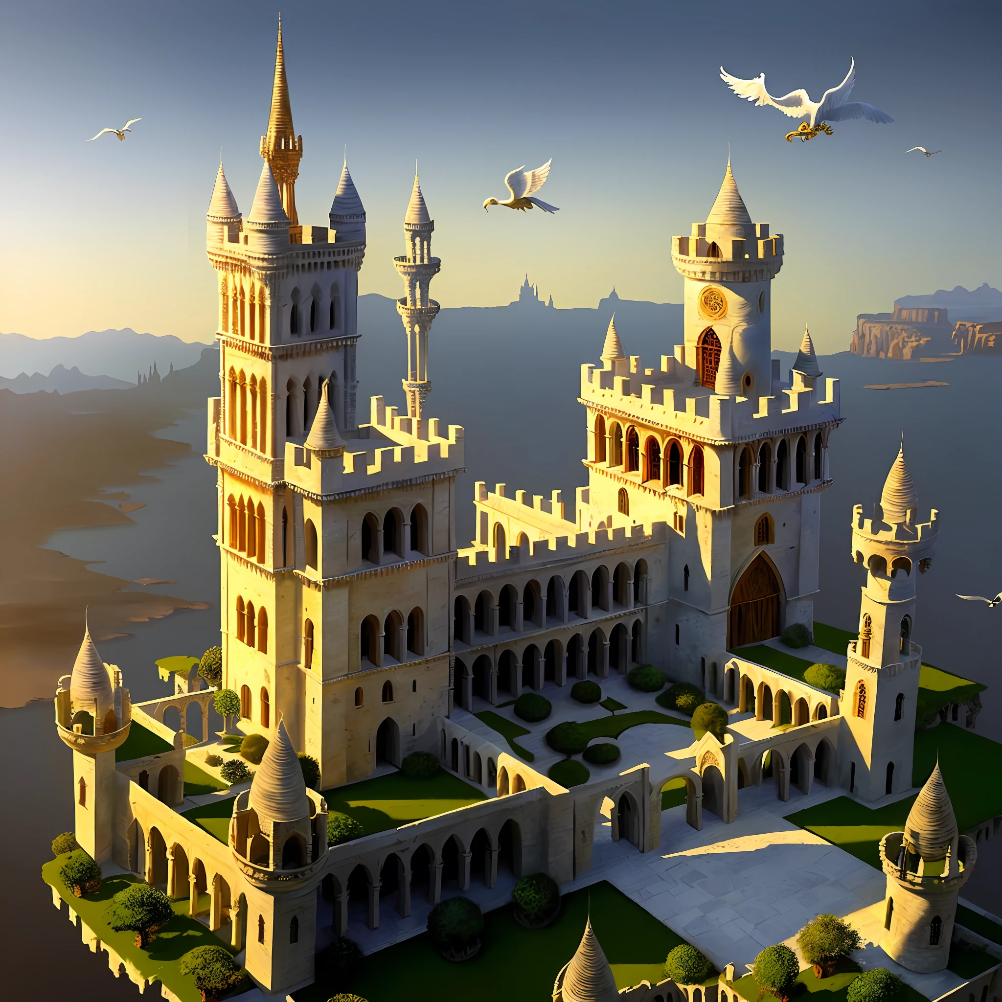(extremely detailed, masterpiece quality, high level of detail),(great lighting, perfect shadows, soars beautifully), soaring island, flying gardens, white marble palace, golden towers, fantasy, gothic style, desert
