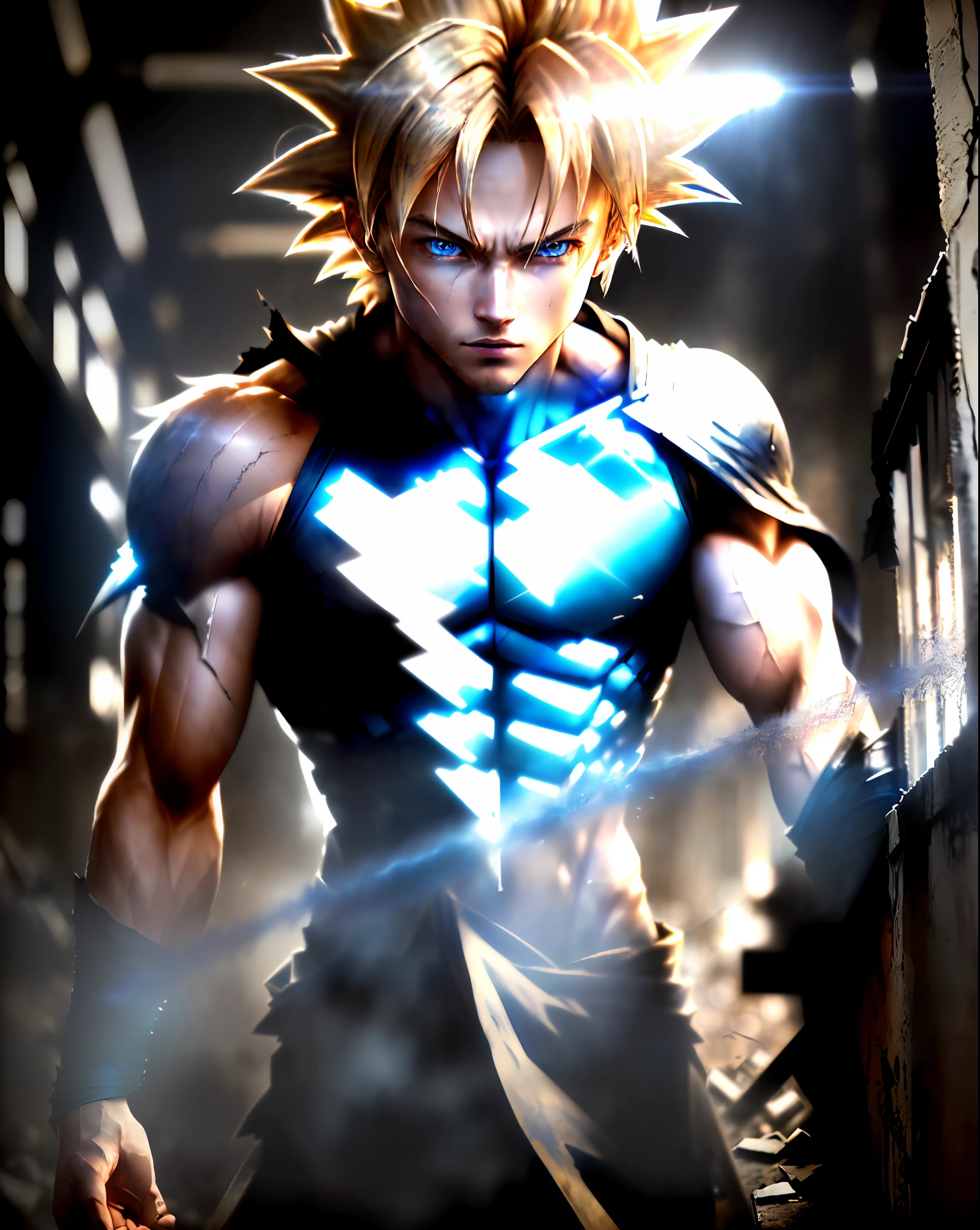 Goku super Sayajin 3, bright blue eyes, man, flowing blonde hair, torn clothes, striking blue eyes, beautiful body and face - shot, body, beautiful detailed body and face, strong body, musco))), dust raising(dark, hyper-realistic photos (((portrait))), background of post-apocalyptic ruins,(((HDR+))), textures of 4mm, 8k, soft cinematic light, Adobe Lightroom, Photolab, HDR, intricate, elegant, highly detailed, sharp focus, ((((((cinematic appearance)))), soft tones, insane details, intricate details, hyperdetailed, low contrast, soft cinematic light, faint colors, exposure mix, faded, slate atmosphere)