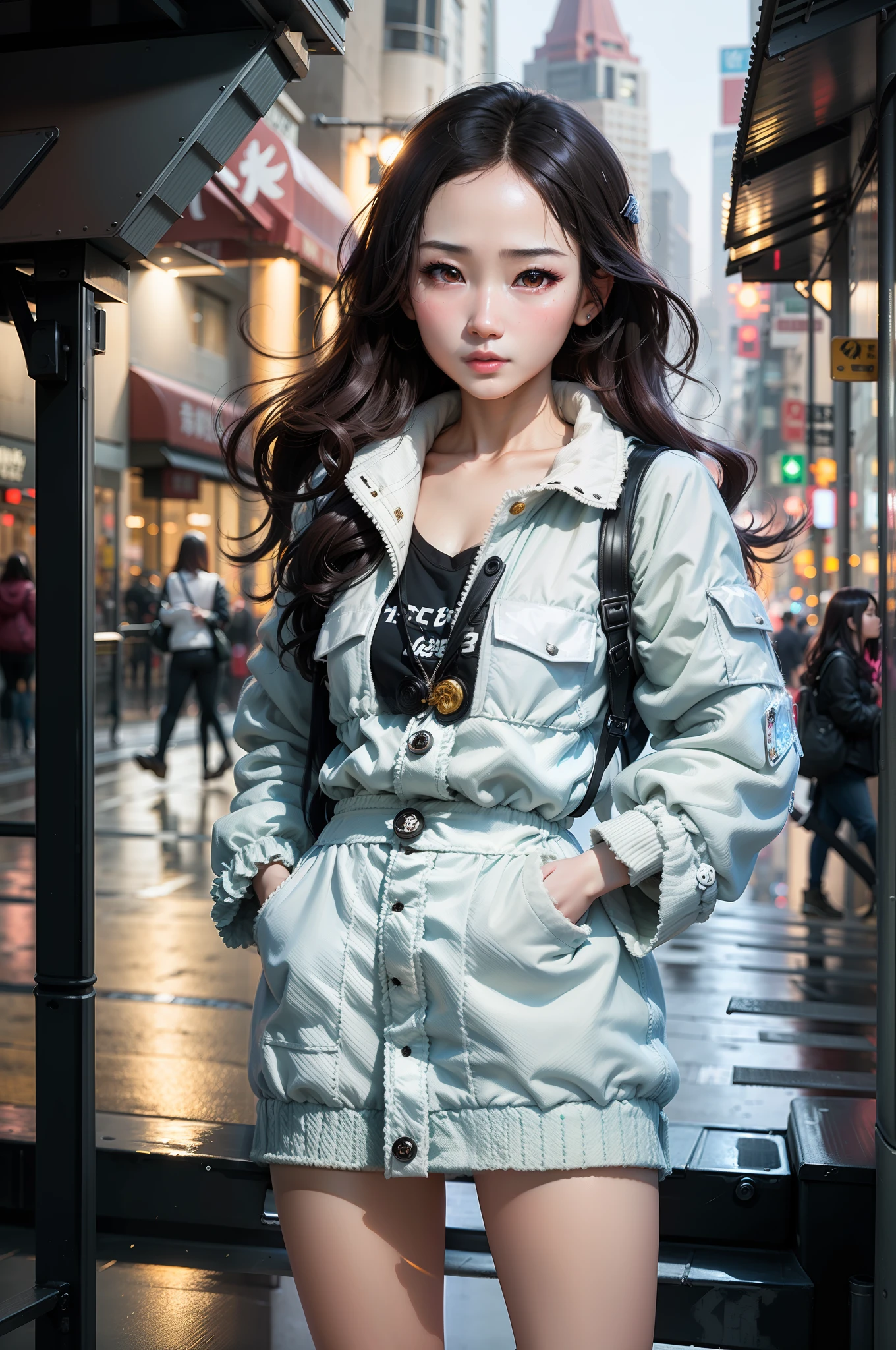 (yangmi), 1girl, standing on the street at night, eyes and face are very detailed, beautiful detailed eyes, upper body, (small eyes: 1.5), 2D, cartoon style