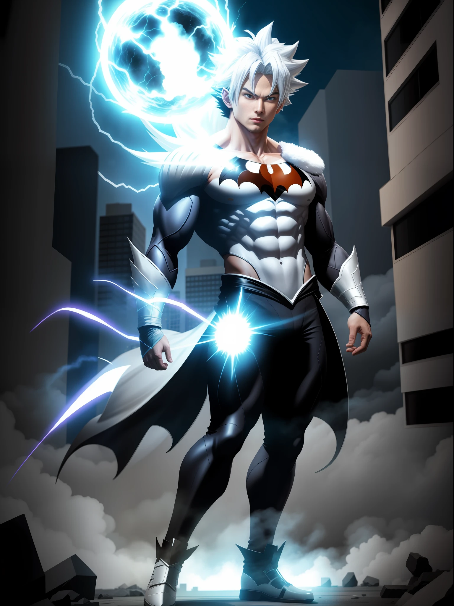 full body, Ultra Instinct Goku, with [Batman/Spiderman] costume, magic aura furiously circulating around his body, luminous white hair, silver eyes, looking at the viewer, mouth closed, fighting stance, in a completely destroyed city, correct anatomy, anime, masterpiece, anatomically correct, UHD, 16k, high quality, high quality, best quality, high details, UHD