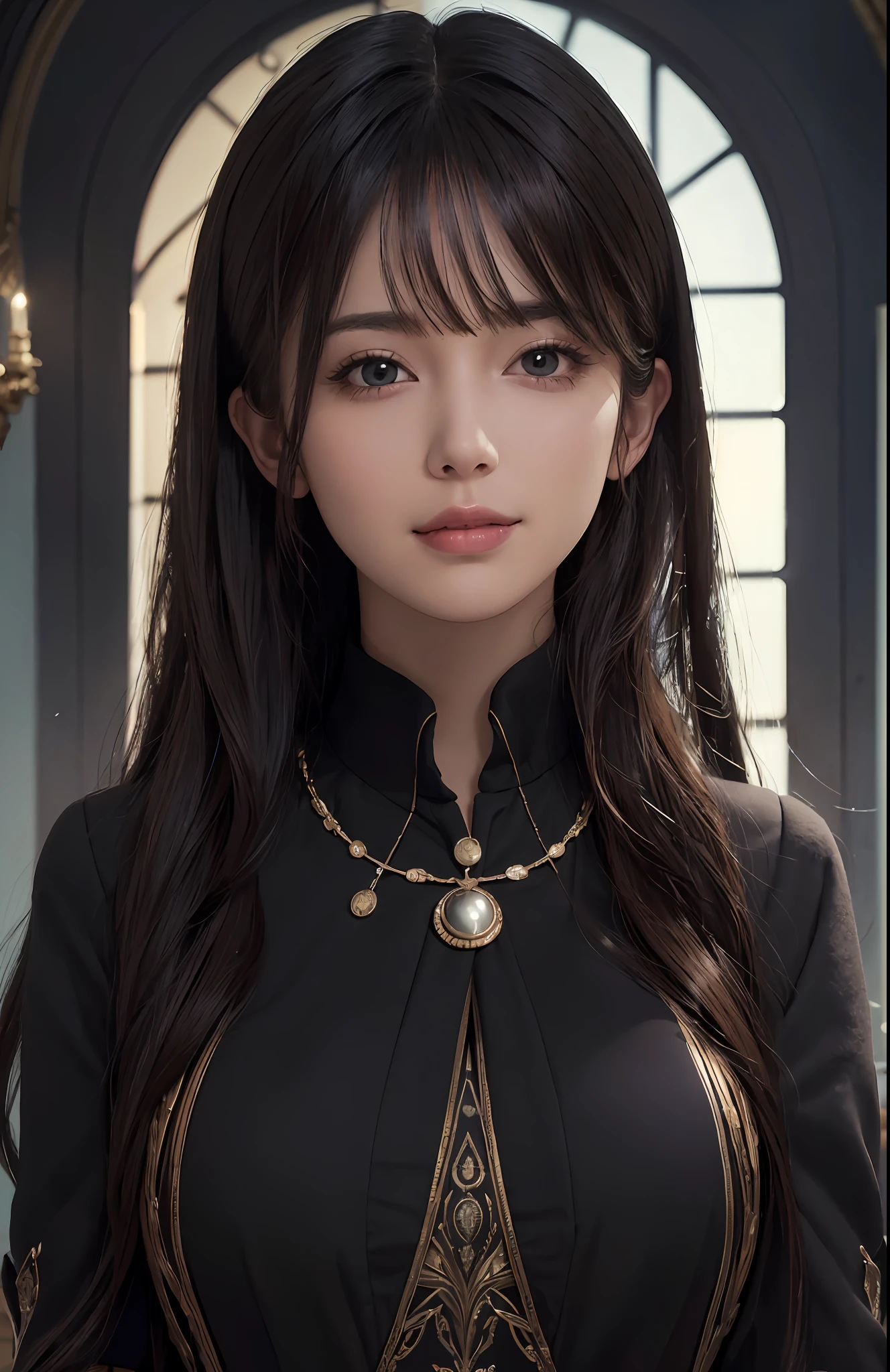 (Ultra Realistic), (Illustration), (Increased Resolution), (8K), (Extremely Detailed), (Best Illustration), (Beautiful and Detailed Eyes), (Best Quality), (Ultra Detailed), (Masterpiece ), ( wallpaper), (detailed face), solo, 1 girl, looking at viewer, fine details, detailed face, in the dark, deep shadows, low key, pureerosfaceace_v1, smiling, long hair, black shawl straight hair , 46 points oblique bangs
