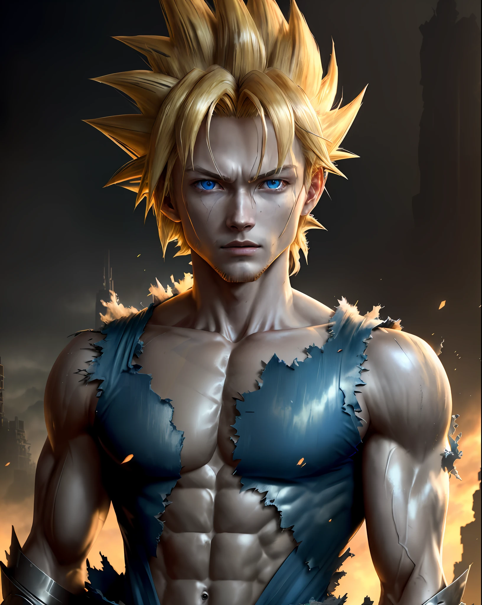 Goku, Sayajin, Sayajin's outfit, ki, yellow rays coming out of the body, bright blue eyes, man, flowing blonde hair, torn clothes, striking blue eyes, beautiful body and face - shot, body, beautiful detailed body and face, strong, muscose body))), dust rising(dark, hyper-realistic photos (((portrait))), background of post-apocalyptic ruins,(((HDR+))), textures of 4mm, 8k, soft cinematic light, Adobe Lightroom,  Photolab, HDR, intricate, elegant, highly detailed, sharp focus, (((((((cinematic appearance)))), soft tones, insane details, intricate details, hyperdetailed, low contrast, soft cinematic light, faint colors, exposure mix, faded, slate atmosphere)