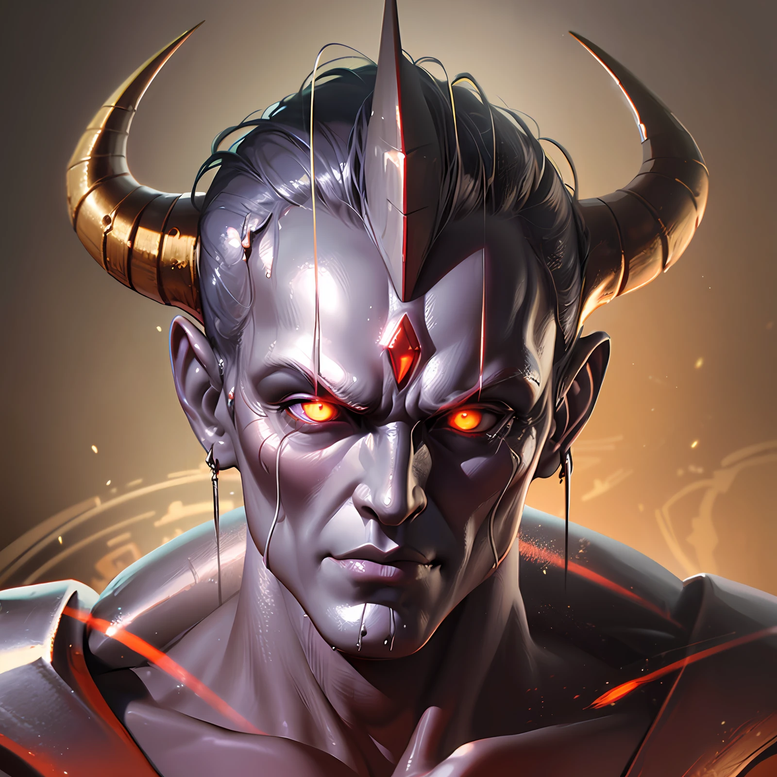 (((best quality, high quality, cinematic, ultra detailed, 16k, official art, oil painting))), A closeup of a statue of an alien with horns, demon of doom, Zbrush, painted in zbrush, zbrush 3d render, zbrushcentral, half-human demon portrait, carved in zbrush, Fit Male Demon with white horns, Doom Eternal zombie, rendered in zbrush, doom beautiful face