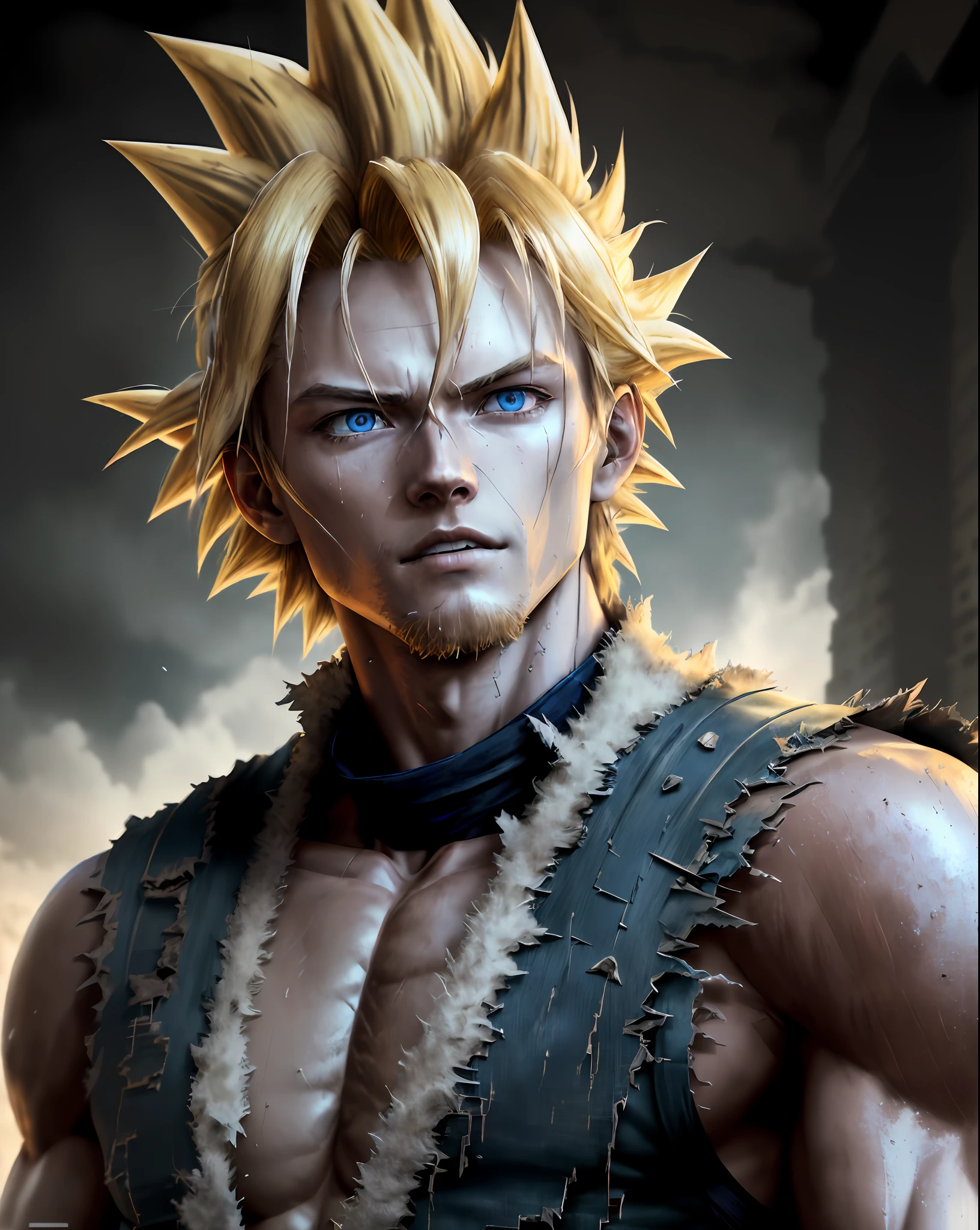 Goku, Sayajin, Sayajin's outfit, ki, yellow rays coming out of the body, bright blue eyes, man, flowing blonde hair, torn clothes, striking blue eyes, beautiful body and face - shot, body, beautiful detailed body and face, strong, muscose body))), dust rising(dark, hyper-realistic photos (((portrait))), background of post-apocalyptic ruins,(((HDR+))), textures of 4mm, 8k, soft cinematic light, Adobe Lightroom, Photolab, HDR, intricate, elegant, highly detailed, sharp focus, (((((((cinematic appearance)))), soft tones, insane details, intricate details, hyperdetailed, low contrast, soft cinematic light, faint colors, exposure mix, faded, slate atmosphere)