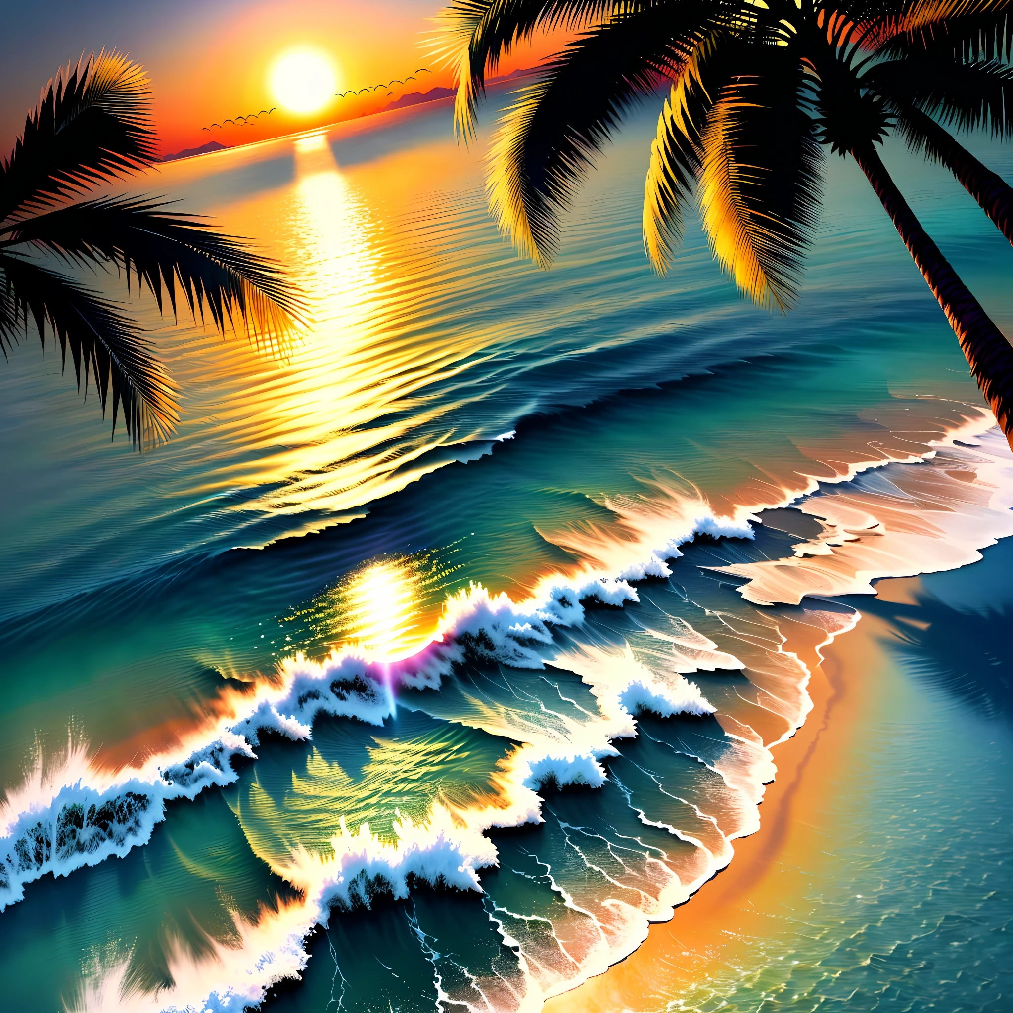 Sun rising over water::2 T shirt design, flock of birds flying overhead, palm trees, circular design, circular border, wide view + color pen and ink, illustration, realistic, 8K, cinematic, atmospheric, epic composition, vibrant colors, natural lighting, black background --no watermark --v 4 --q 2 --ar 3:2