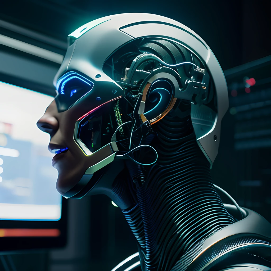 complex 3D render, ultra-detailed beautiful porcelain profile, female upper body, android, closed mouth, cyborg, robotic parts, 150mm, beautiful studio soft light, rim light, bright details, luxury cyberpunk, lace, hyperrealistic, anatomical, facial muscles, cable electrical wires, microchip, elegant, beautiful background, octane render, H.R. Giger style, 8k, best quality, masterpiece, illustration, extremely delicate and beautiful, extremely detailed computer graphics, unity, wallpapers, (realistic, photorealistic: 1.37), stunning, subtle details, masterpiece, best quality, official art, extremely detailed CG unity 8k wallpapers, absurdities, incredibly absurd, robot, silver helmet, full growth,