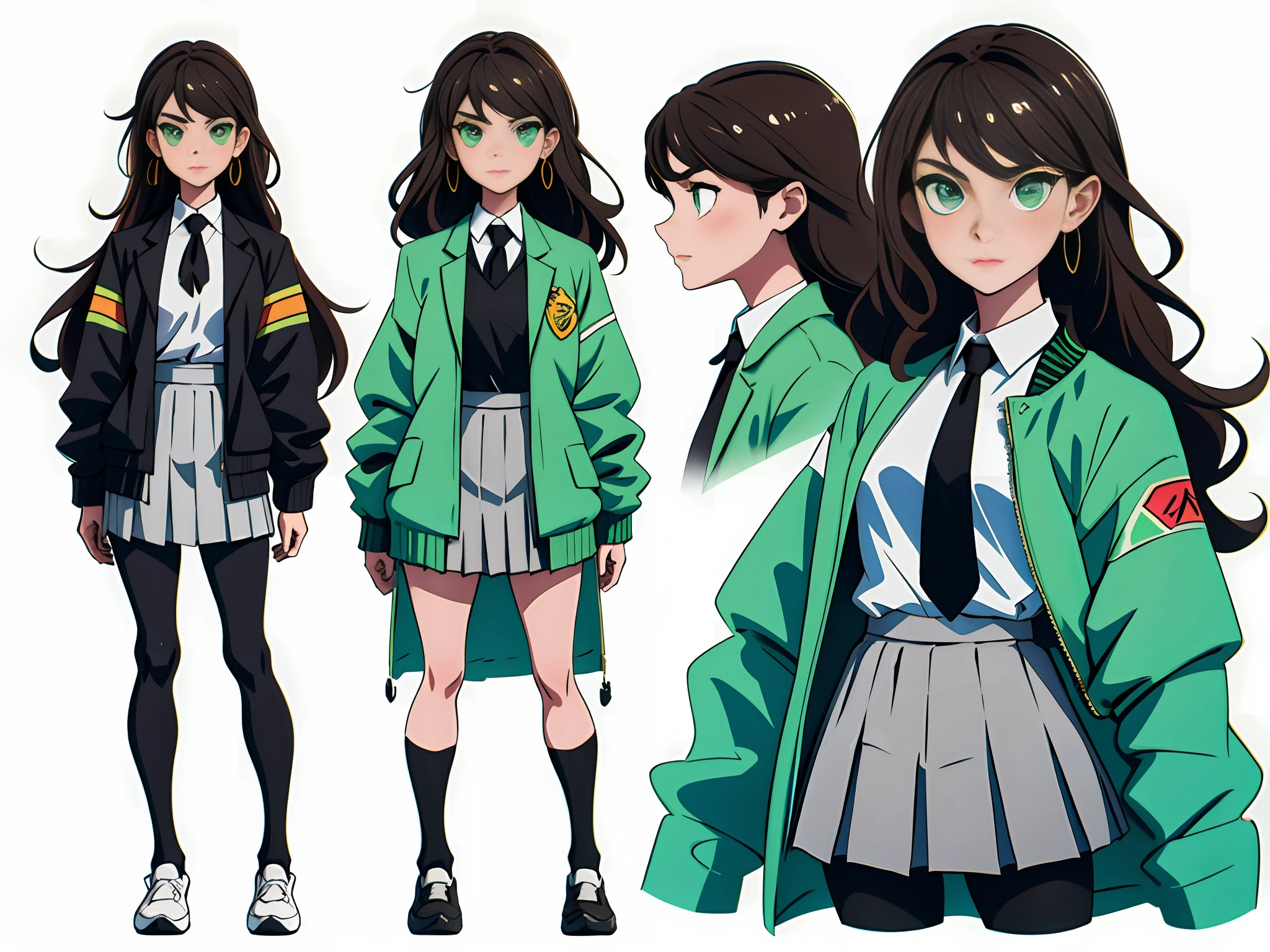 Masterpiece: 1.6, best quality: 1.4, live image: 1.2, intricate details: 1.2, Charturnerv2: 1.2, 1lady full body character change, ,
Appearance: milf: 1.25, thin: 1.3, green eyes, small breasts, flat chest, sharp eyes, detailed eyes, centered color, long legs,
Clothing: long sleeves, school uniform, jacket, , white shirt, pantyhose, pleated skirt, tie, shoes, collared shirt, black skirt, hip hand, black pantyhose, shoes in black heels, green blazer, green tie with white stripes,
Accessories: simple hoop earrings, simple black necklace, hair ornament, bow-shaped hair clip,
Hair: long brown hair, wavy hair,
Makeup: natural, shiny skin,
(single background, white background: 1.3), multiple views,