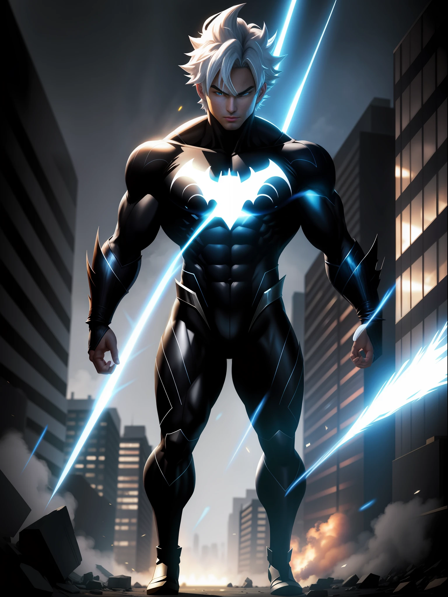 full body, Goku Ultra Instinct batman/Spiderman costume, magic aura furiously circulating around his body, luminous white hair, silver eyes, looking at the viewer, mouth closed, fighting stance, in a completely destroyed city, correct anatomy, anime, masterpiece, anatomically correct, UHD, 16k, high quality, high quality, best quality, high details, UHD