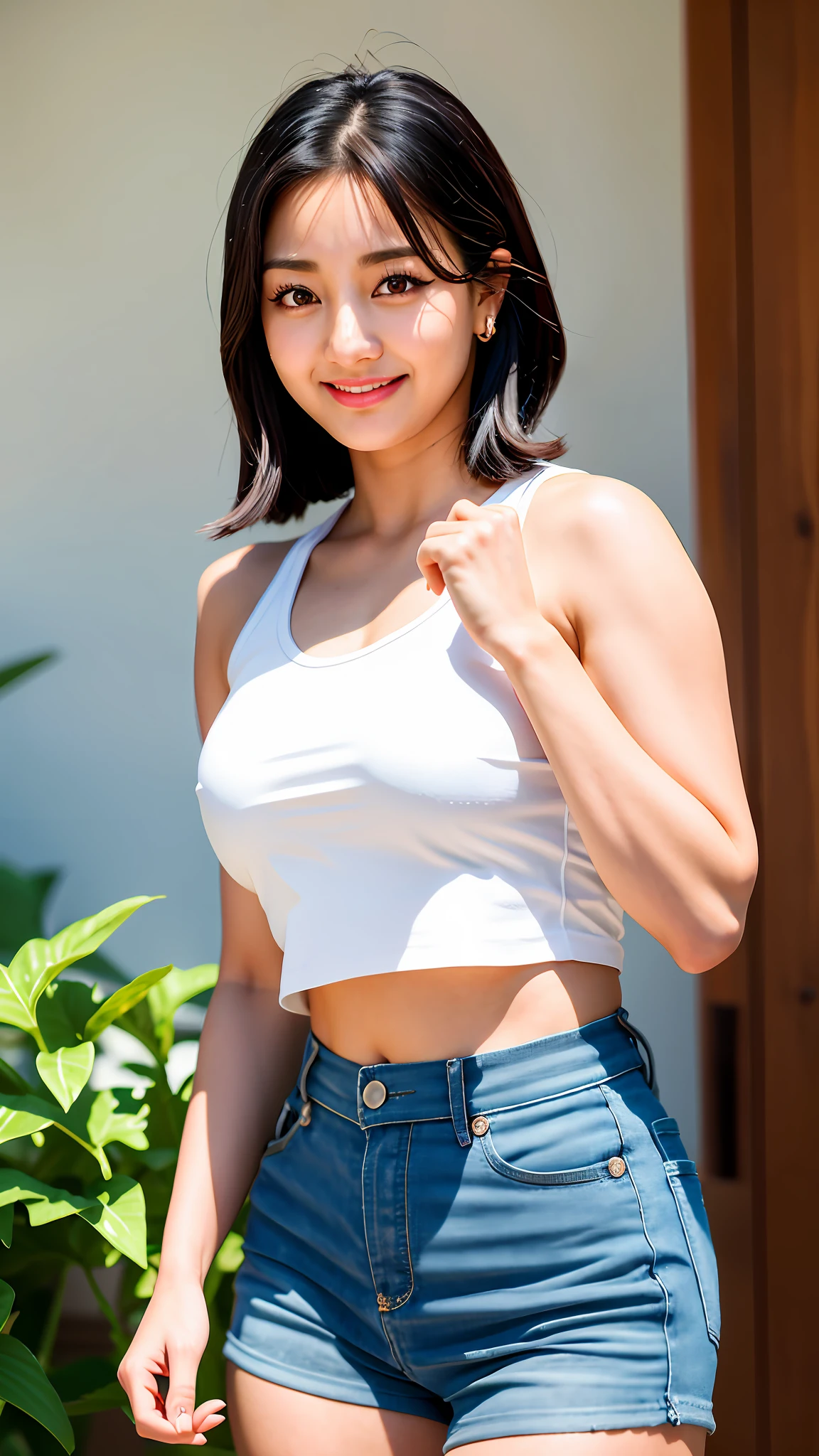 twjihyo, jihyoo, ((masterpiece, best quality)), intricate details, high quality, (photorealistic), (rich:1.4), ultra realistic 8k cg, picture-perfect face, flawless, clean, masterpiece, professional artwork, famous artwork, cinematic lighting, cinematic bloom, perfect face, beautiful face, beautiful eyes, 1girl, jihyo from twice, short dark hair, jihyo, kpop idol, crop top tank and short pants