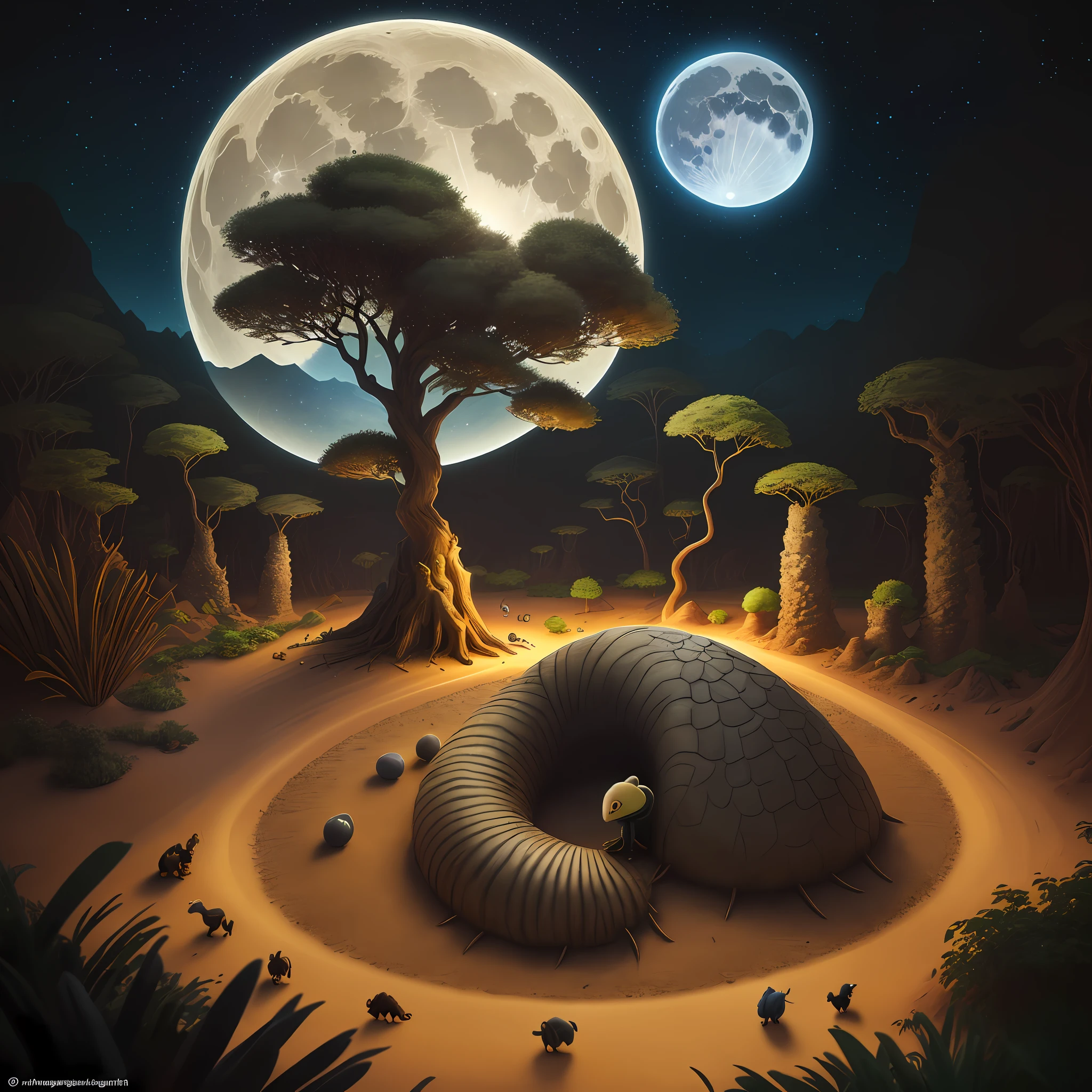 There is an anteater that is lying and curled up under an anthill of earth, fantasy, under the light of the moon at night, nocturnal spiritual scene, dreamlike landscape, dreamy night, front, album art, drawing of an anteater with a Brazilian flag on its head, inspired by a real anthill, 3d drawing