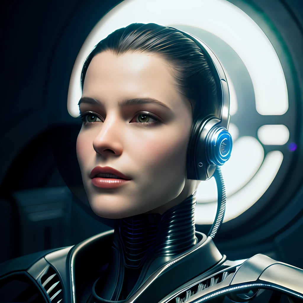 complex 3D render, ultra-detailed beautiful porcelain profile, female upper body, android, closed mouth, cyborg, robotic parts, 150mm, beautiful studio soft light, rim light, bright details, luxury cyberpunk, lace, hyperrealistic, anatomical, facial muscles, cable electrical wires, microchip, elegant, beautiful background, octane render, H.R. Giger style, 8k, best quality, masterpiece, illustration, extremely delicate and beautiful, extremely detailed computer graphics, unity, wallpapers, (realistic, photorealistic: 1.37), stunning, subtle details, masterpiece, best quality, official art, extremely detailed CG unity 8k wallpapers, absurdities, incredibly absurd, robot, silver helmet, full growth,