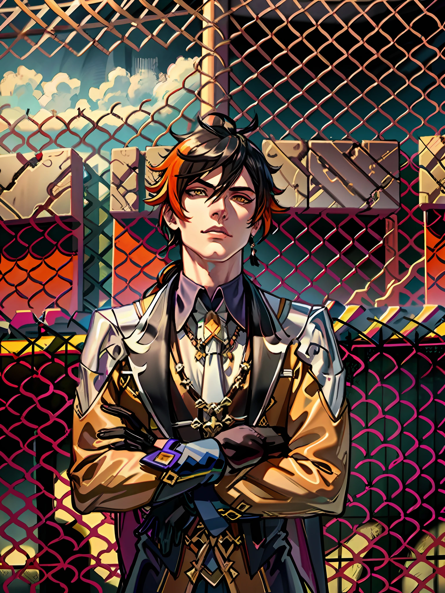 masterpiece, best quality, zhongli (genshin impact), male focus, jewelry, long hair, 1boy, solo, earrings, bangs, gloves, ponytail, black gloves, multicolored hair, brown hair, detailed hair, hair between eyes ,simple background, single earring, thumb ring, jacket, tassel earrings, long sleeves, arms crossed, alpha pose, tassel, cloud, formal, yellow eyes, detailed eyes, floating object, godly background, dark background, gradient hair, suit, black hair, cloudy sky,(kbxll:0.6), anime style