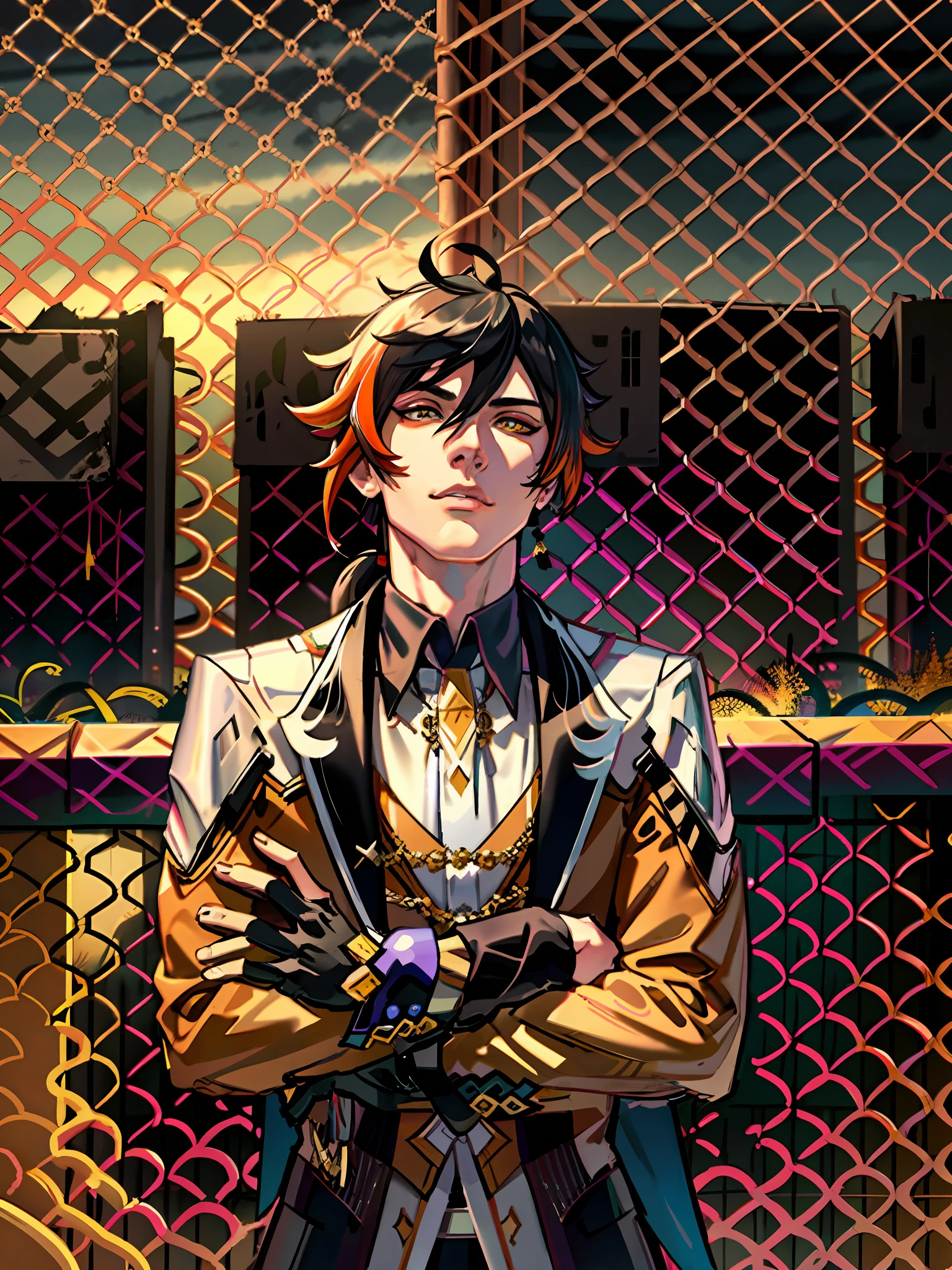 masterpiece, best quality, zhongli (genshin impact), male focus, jewelry, long hair, 1boy, solo, earrings, bangs, gloves, ponytail, black gloves, multicolored hair, brown hair, detailed hair, hair between eyes ,simple background, single earring, thumb ring, jacket, tassel earrings, long sleeves, arms crossed, alpha pose, tassel, cloud, formal, yellow eyes, detailed eyes, floating object, godly background, dark background, gradient hair, suit, black hair, cloudy sky,(kbxll:0.6), anime style