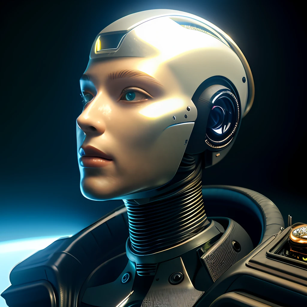complex 3D render, ultra-detailed beautiful porcelain profile, female upper body, android, closed mouth, cyborg, robotic parts, 150mm, beautiful studio soft light, rim light, bright details, luxury cyberpunk, lace, hyperrealistic, anatomical, facial muscles, cable electrical wires, microchip, elegant, beautiful background, octane render, H.R. Giger style, 8k, best quality, masterpiece, illustration, extremely delicate and beautiful, extremely detailed computer graphics, unity, wallpapers, (realistic, photorealistic: 1.37), stunning, subtle details, masterpiece, best quality, official art, extremely detailed CG unity 8k wallpapers, absurdities, incredibly absurd, robot, silver helmet, full growth,