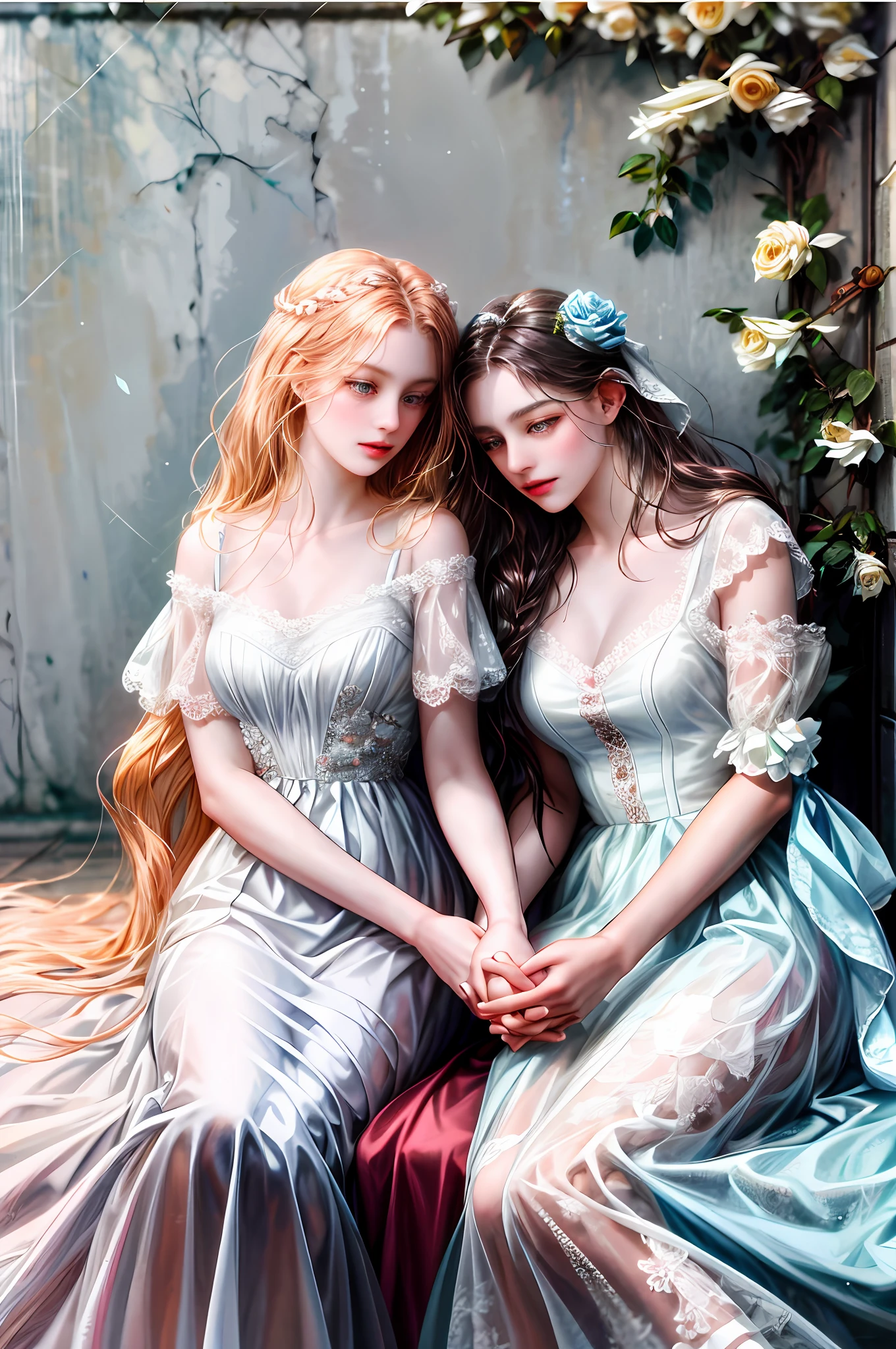 11:21:51
Two girls, lesbian couple, tall, beautiful, both with long hair both holding hands sitting on the floor side by side looking into each other's eyes and behind them in the landscape a white wall with rose flowers with thorns a little close to them