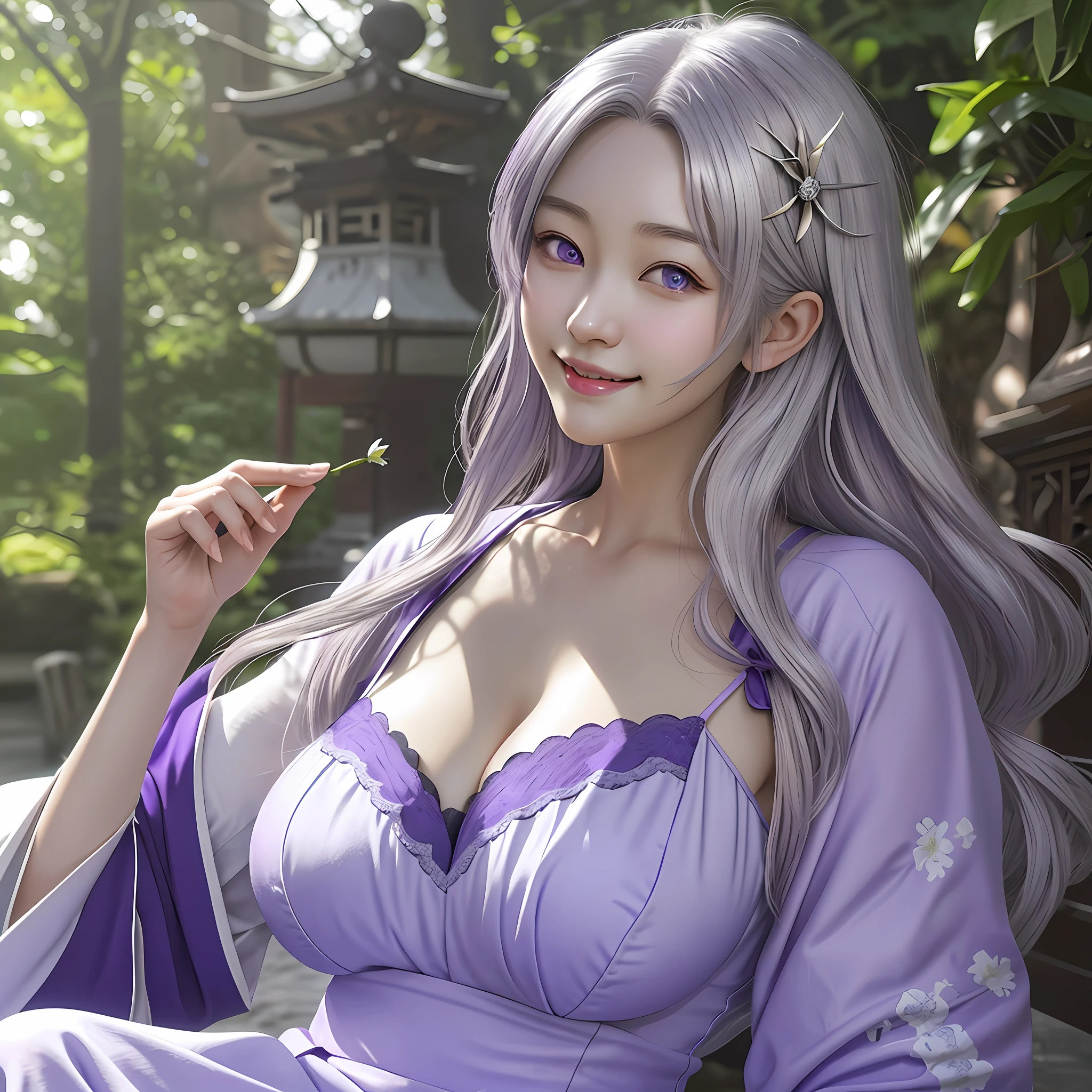 a really beautiful Japanese woman smiling with big breasts posing as Emilia from RE:ZERO with long silver hair and ultra-detailed purple eyes and curvaceous body, cleavage, 1 girl, realistic and detailed eyes