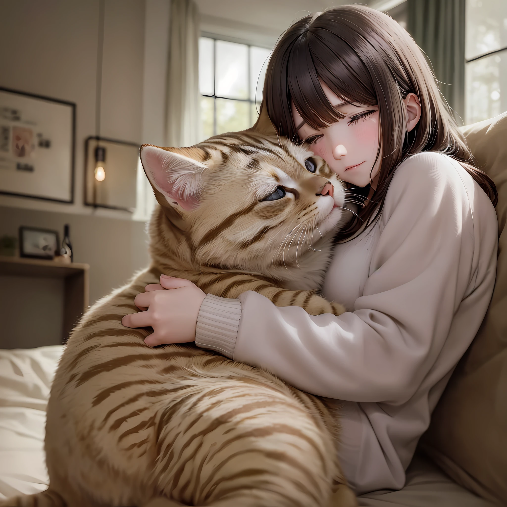 Girl hugging kitten, crying