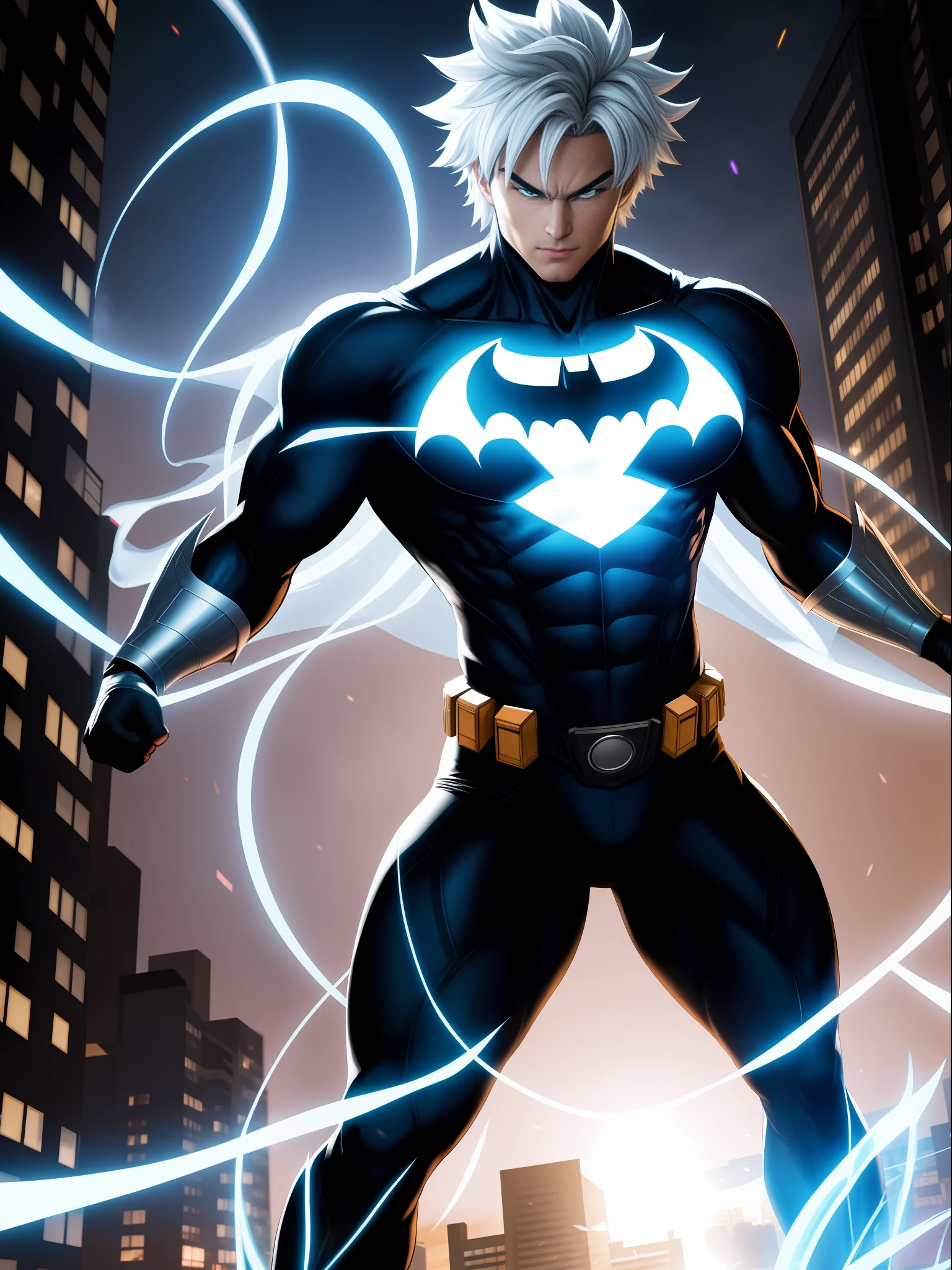 full body, Batman/Spider-Man Goku Ultra Instinct costume, magical aura circling furiously around his body, luminous white hair, silver eyes, looking at the viewer, mouth closed, fighting posture, in a completely destroyed city, correct anatomy, Unreal Engine 5, Mortal Kombat, anime, masterpiece, anatomically correct, UHD, 16k, high quality, high quality, best quality, high detail, UHD