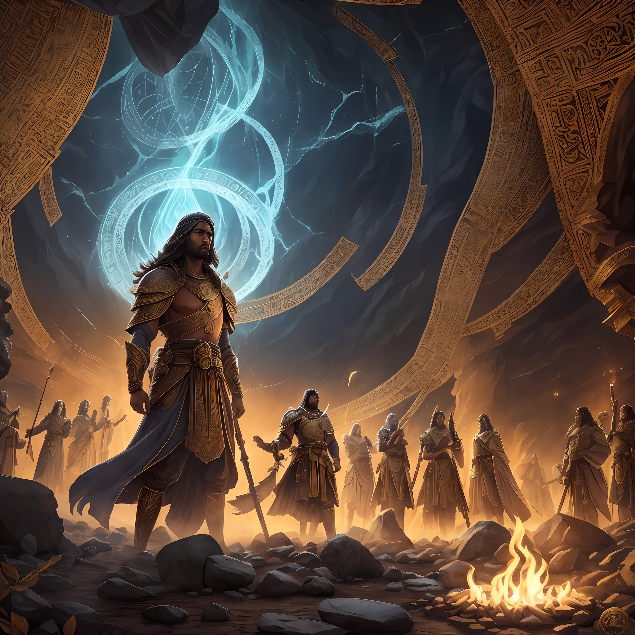 (extremely detailed 8k wallpaper), intricate, high detail, "I am seeking a striking illustration for Chapter 1: The Prophecy of the Varnathi Warrior. The scene depicts the moment when the prophecy is revealed to the protagonists, triggering their epic journey. I would like the illustration to convey a sense of mystery, urgency and determination.
The scene takes place in an ancient sacred temple, with walls adorned with ancient inscriptions and mystical symbols. A group of sages and oracles are gathered around an ancestral scroll, while the light of a candle illuminates the gloomy environment. The prophecy is represented by the parchment, which is open and displays enigmatic symbols and writings.
The protagonists, including the Varnathi Warrior, stand before the sages, looking with wonder and curiosity at the revelation of the prophecy. They should be portrayed with expressions of fascination, surprise, and determination. The environment should convey a sense of mystery and historical importance.
I would like the illustration to be detailed, with rich colors and a special attention to the details of the symbols and inscriptions on the parchment and walls of the temple. The lighting should be well crafted, highlighting the parchment and the faces of the characters.
Please ensure that the illustration has the highest graphic quality possible, so that the details are sharp and the atmosphere is engaging. Be sure to include all the elements mentioned in the prompt to capture the essence of the scene faithfully.
I look forward to seeing the final illustration that will bring to life the exciting moment of the revelation of prophecy in Chapter 1. Please provide the best possible outcome."