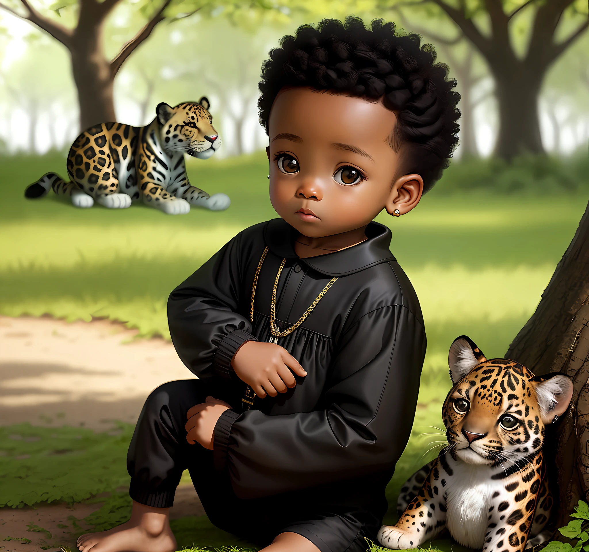 Disney style, 1 , African military haircut, brown fur color, cute, with small earring, 8k, with black Nike blouse and white shorts, under the tree in the forest, with dangerous jaguar in the background