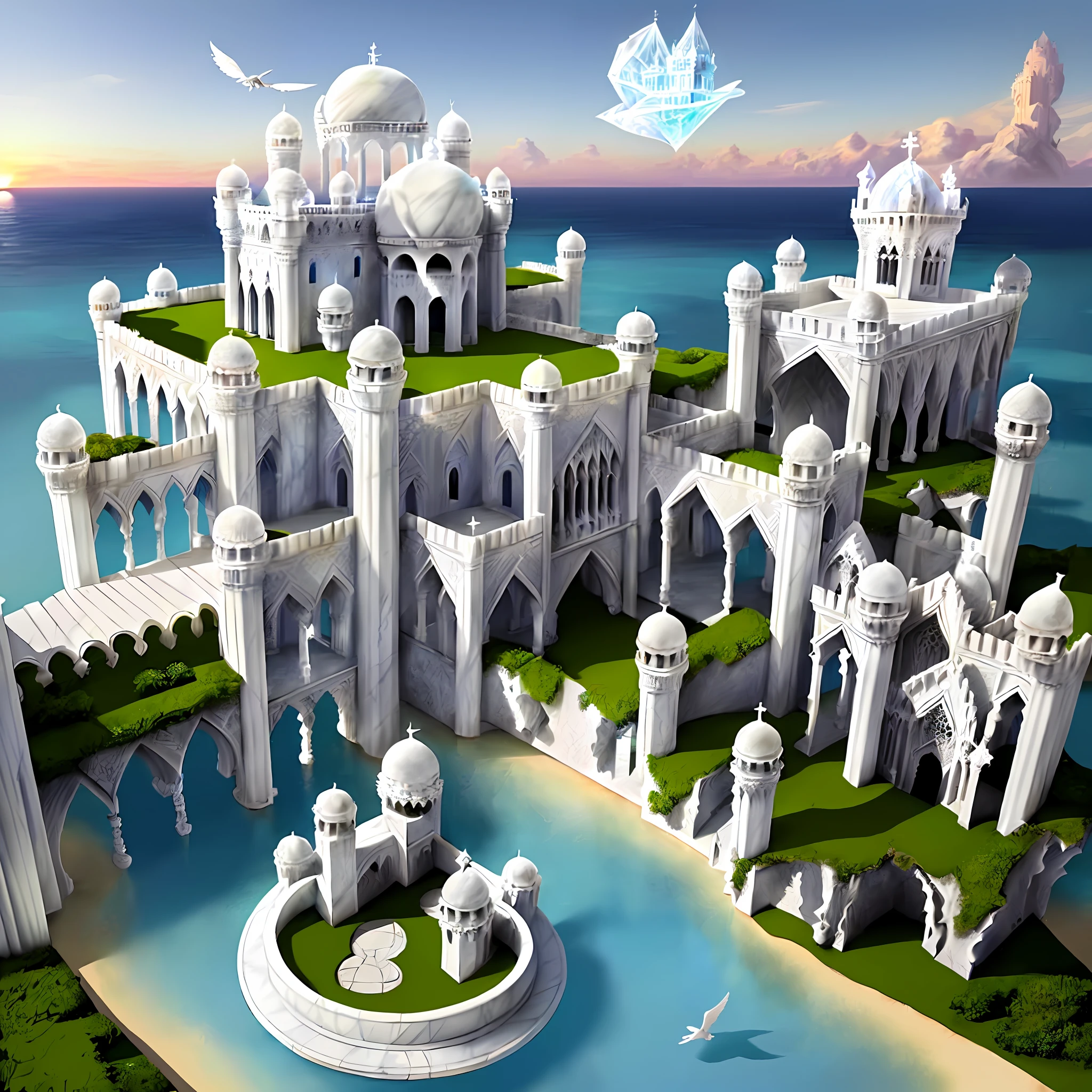 (White Palace: 1.2 + Marble Palace, (Magic Crystal: 1.3) | Gothic | Renaissance), (Palace on the Flying Island: 1.1 | Flying Island High above the Sea: 1.2), sunset, clouds, water