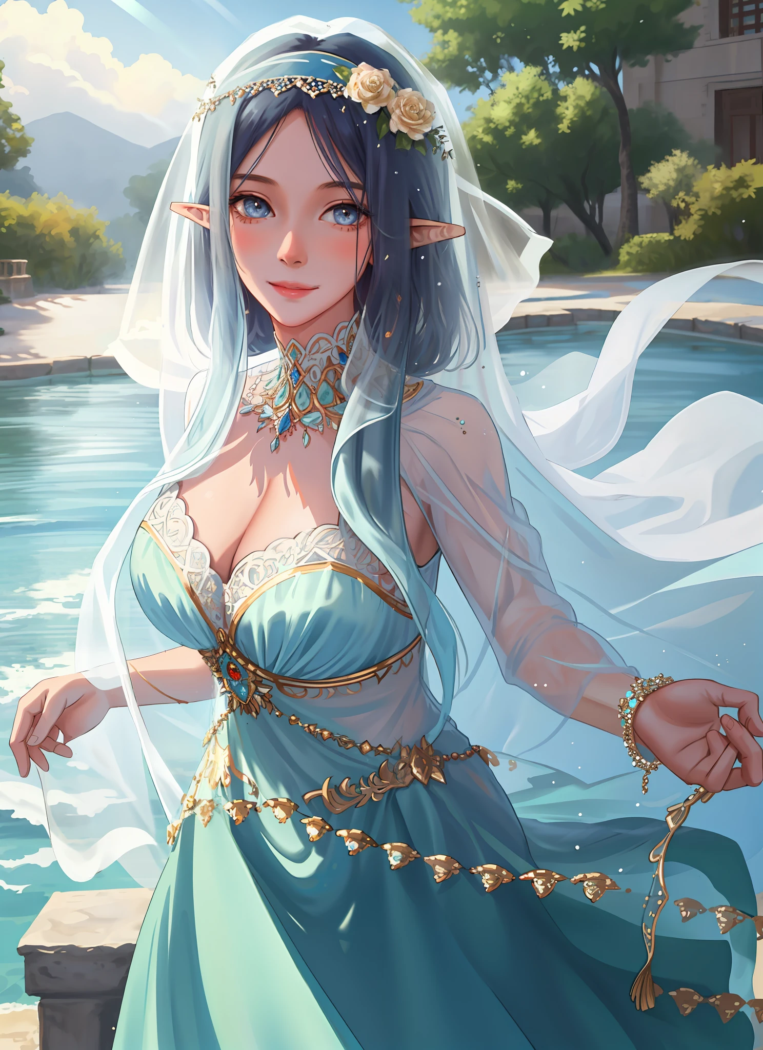 1girl,harem outfit,(face veil),portrait,detailed face,masterpiece, high quality,light particle,sunlight, looking at viewer,(masterpiece:1.2),(best quality:1.2),realistic,detailed background,smile,see-through, honey,water,wet clothes,flower,elf,veil, veil covering mouth, mysterious, cleavage, large breasts