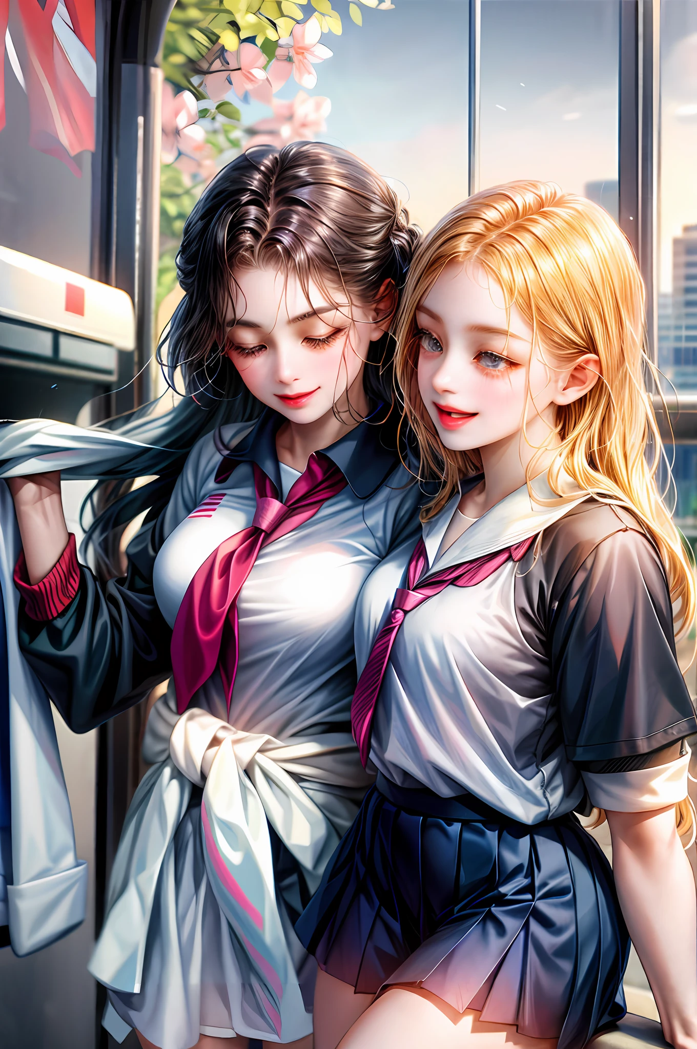 Two girls, uniform physical education clothes both happy