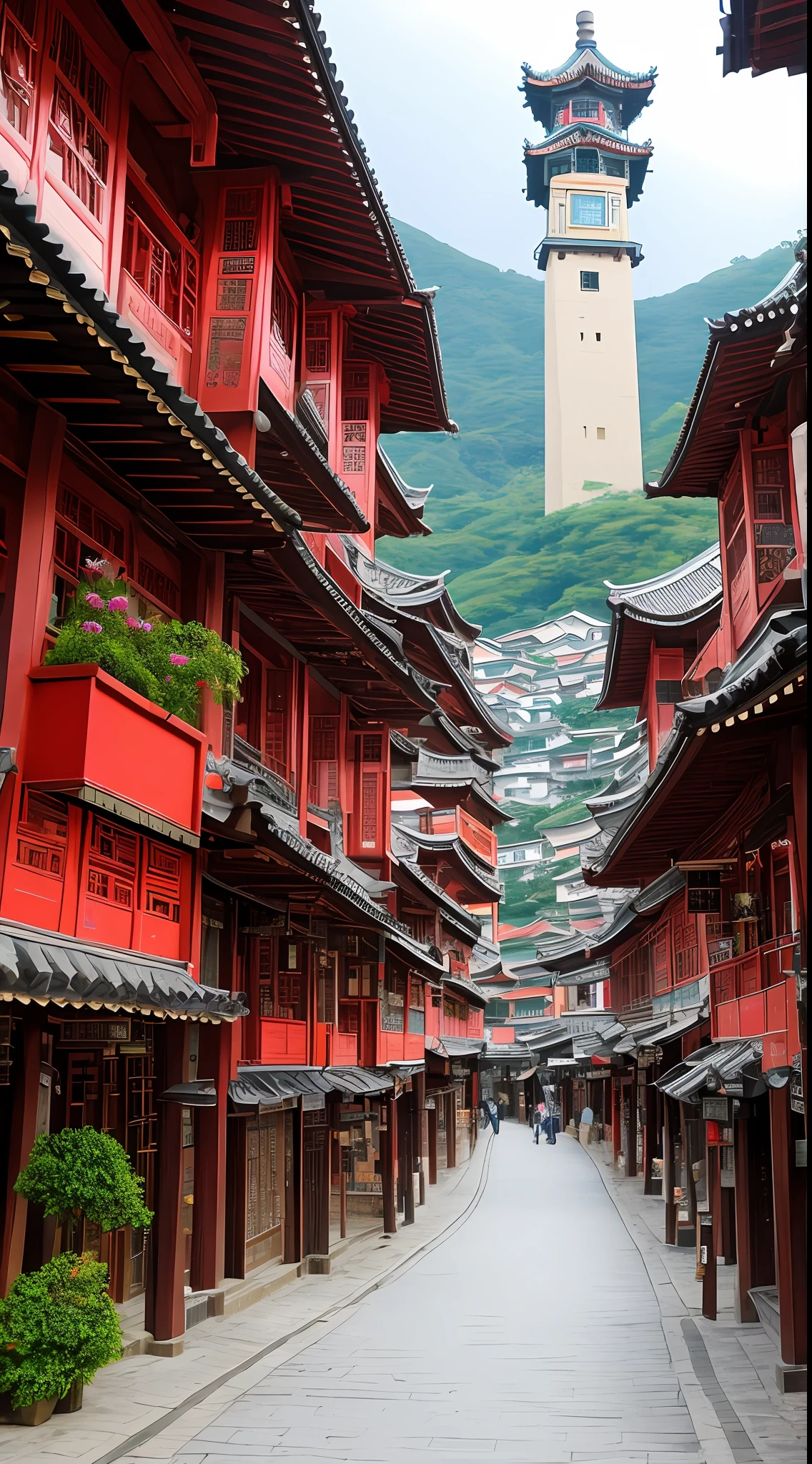 there is a view of a town with a clock tower, dreamy chinese town, ancient chinese architecture, like jiufen, chinese architecture, peaked wooden roofs, chinese village, city like hong kong, guangjian, taoist temples and monks, hong kong buildings, residential area, hong kong, ancient city landscape, old asian village, in hong kong, traditional korean city