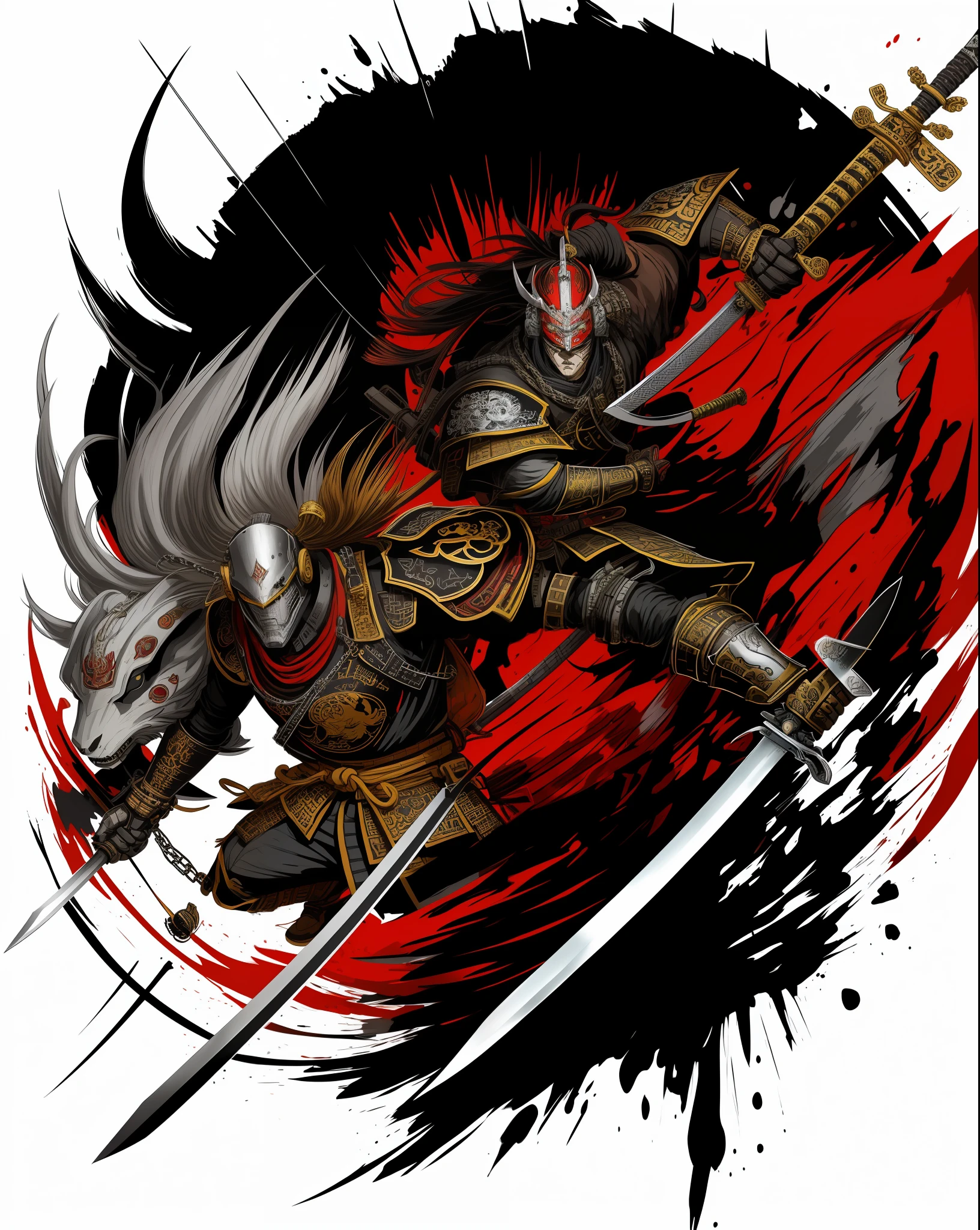 nvinkpunk oil painting   of a  [robot|samurai] with a sword and a chain attached to it's back legs and arm, Powerful samurai warrior, bold and interesting design for a t-shirt, central focus on the samurai warrior, traditional armor with meticulous and elaborate details, confident and imposing posture, holding a sharp katana in an attacking position, modern and stylized illustration, contrasting and vibrant colors, dramatic lighting with deep shadows and intense highlights, courage, honor, and skill conveyed through the design, suitable for printing on a t-shirt, Japanese symbols, long hair, fantasy art, logo t shirt, vector style
