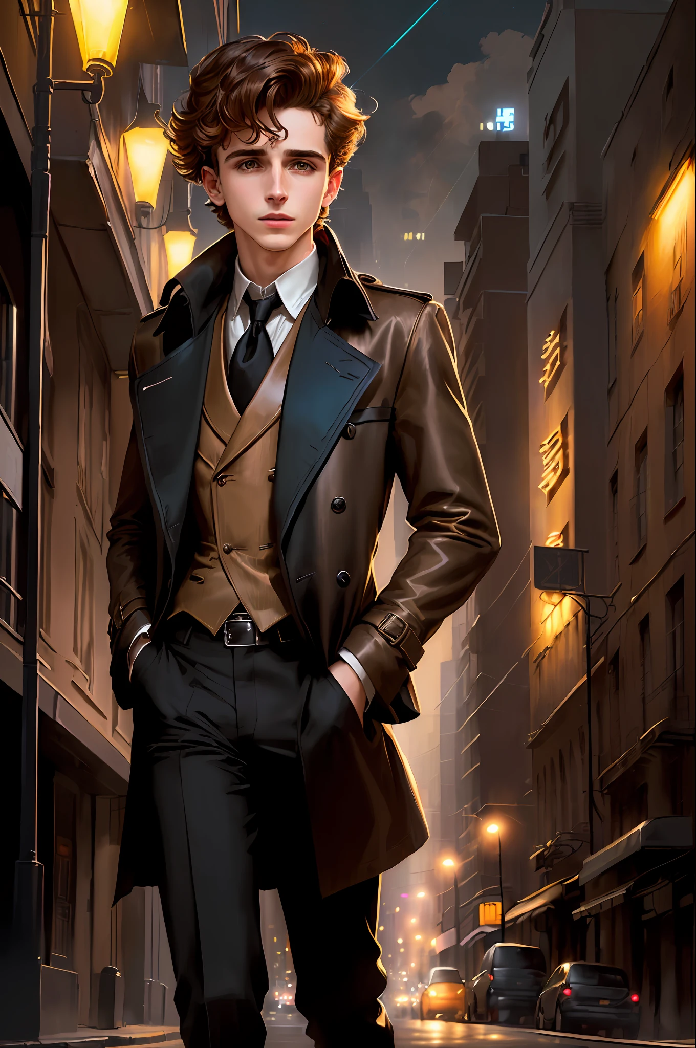Retro Future Neo-Noir Detective, Brown Trench Coat, Masculino, (Thimotée Chalamet:1.2), Bad Boy, Fedora, Black Tie, Art Deco, Street at Nighttime, (Halation1.1), Backlighting, Soft Lighting (Melhor Qualidade), Retrato de Personagem