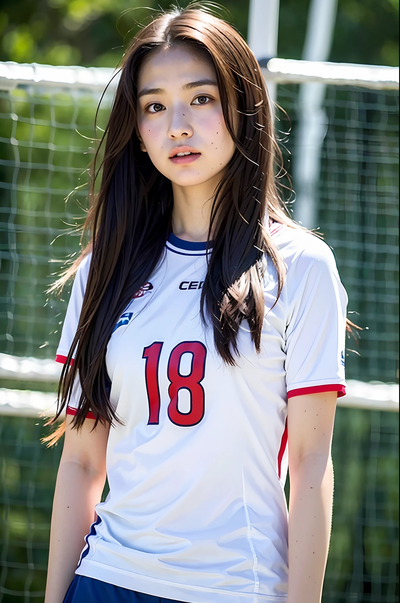 (solo), (a detailed full body RAW photo of a girl), (masterpiece:1.0), (best quality:1.4), (ultra highres:1.2), (photorealistic:1.4), 8k resolution, Canon EOS R5, 50mm, absurdres, ultra detailed, (18yo), sharp focus, cinematic lighting, detailed beautiful face, (heavy makeup:1.2), (ulzzang-6500-v1.1), chuby body, detailed skin texture, white pale skin, big breast, (skinny:1.3), thigh gap, detailed random hair, messy hair, (japanese girl:0.7), sweaty face, (volley jersey:1.3), realistic glistening skin, (looking at viewer:1.2), volley court